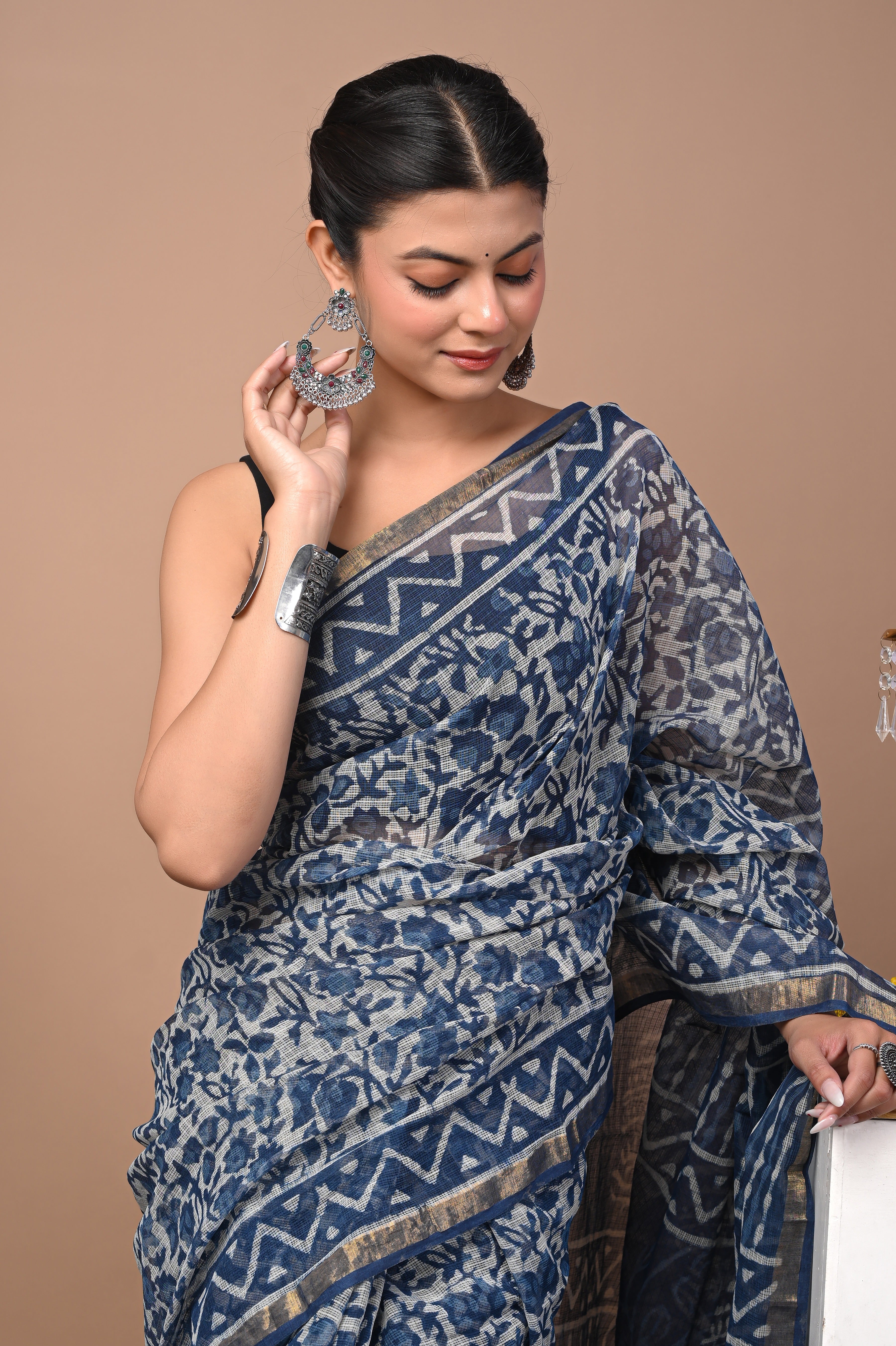 Hand-Printed Kota Doria Saree - Indigo Abstract Cotton Silk