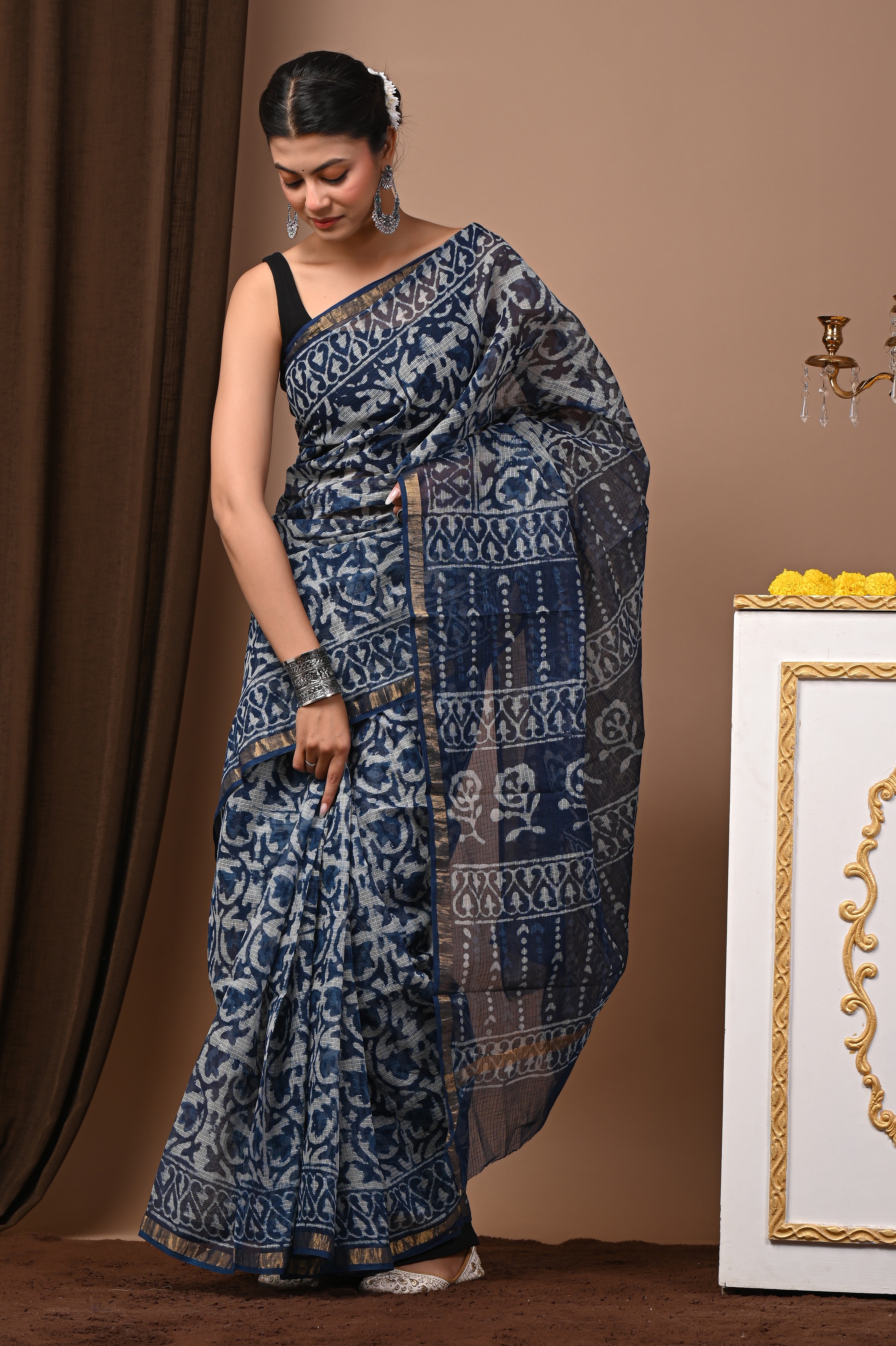 Hand-Printed Kota Doria Saree - Indigo Abstract Cotton Silk