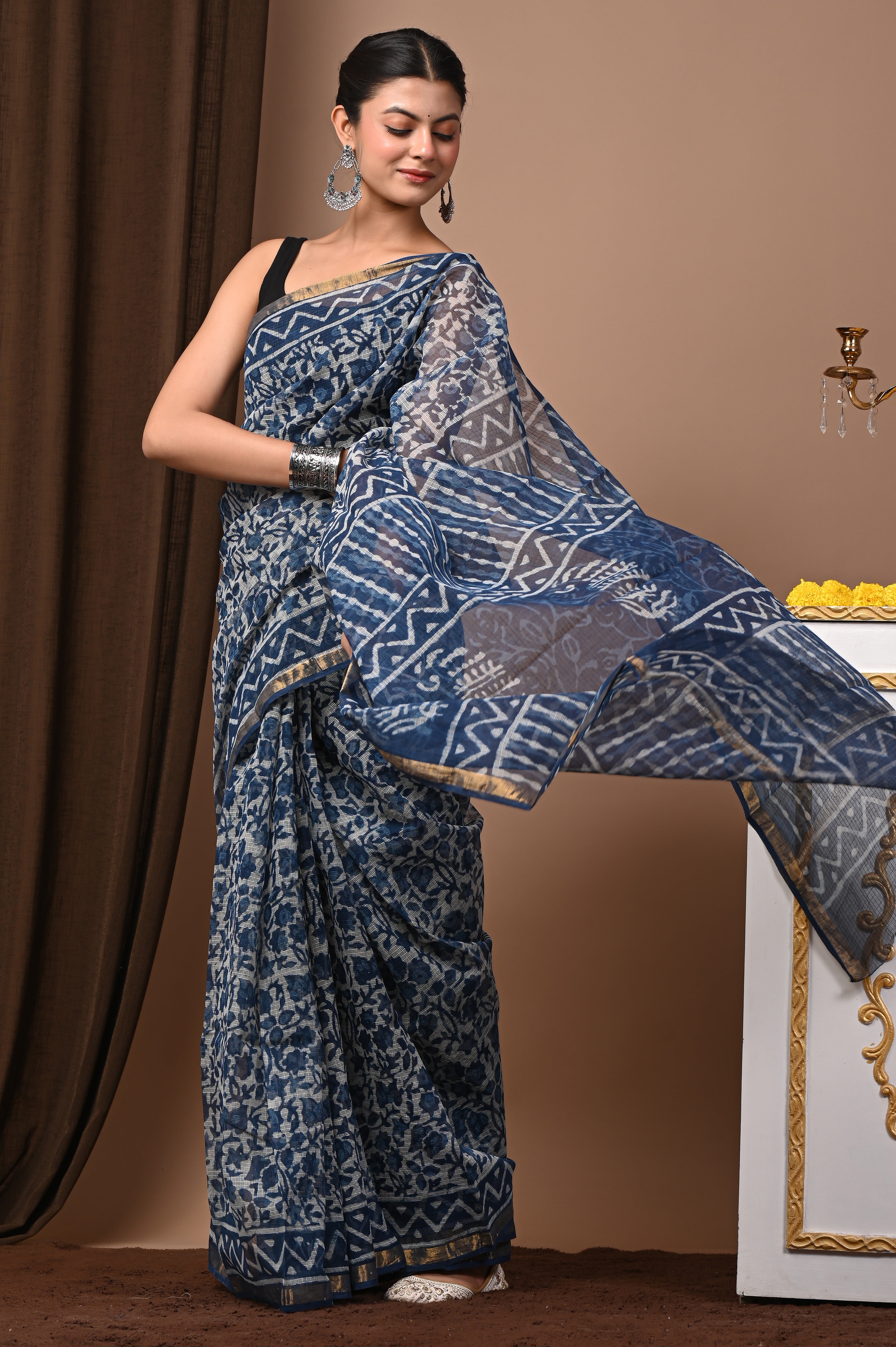 Hand-Printed Kota Doria Saree - Indigo Abstract Cotton Silk