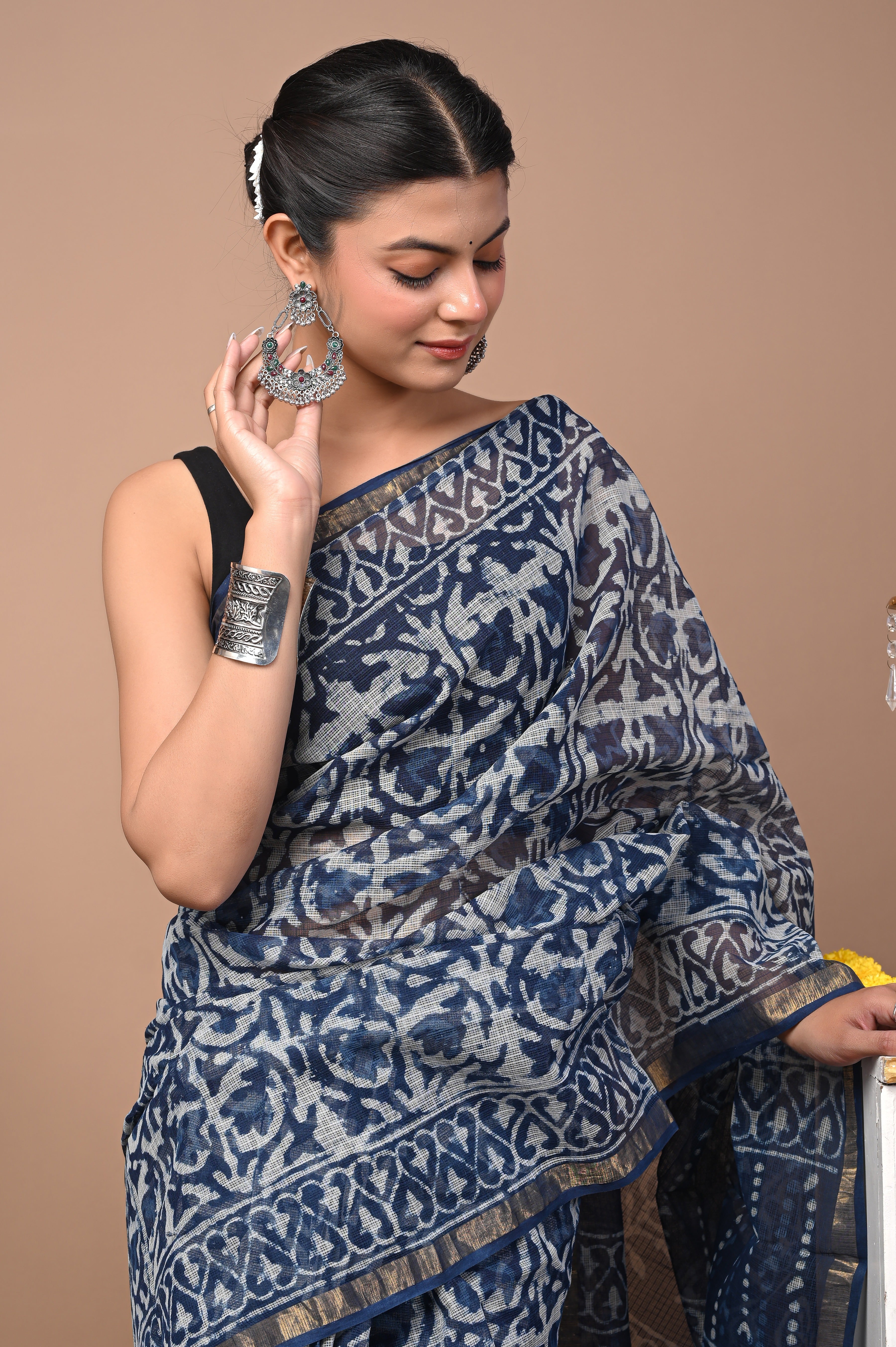 Hand-Printed Kota Doria Saree - Indigo Abstract Cotton Silk