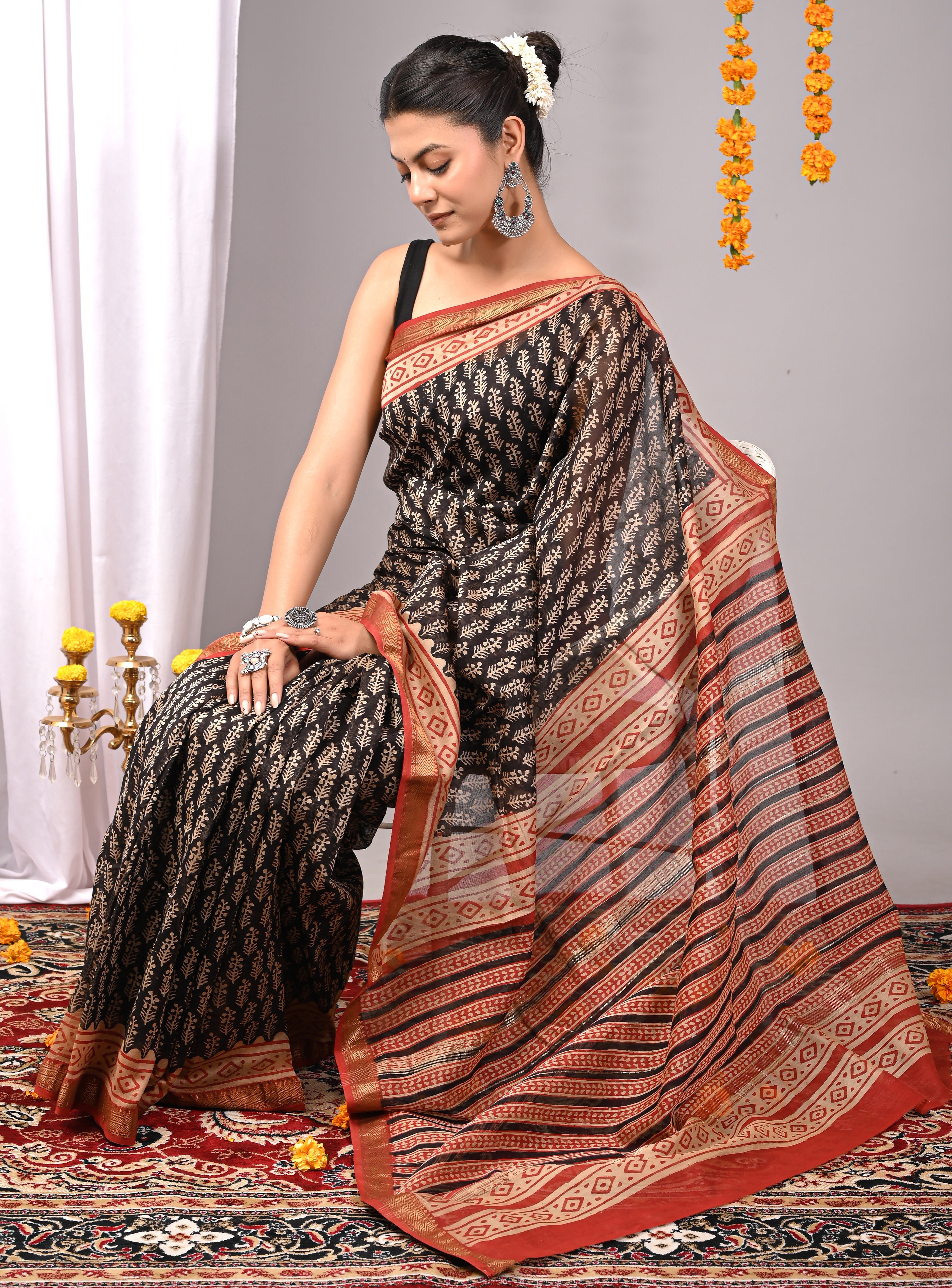 Black & Maroon Maheshwari Silk Saree