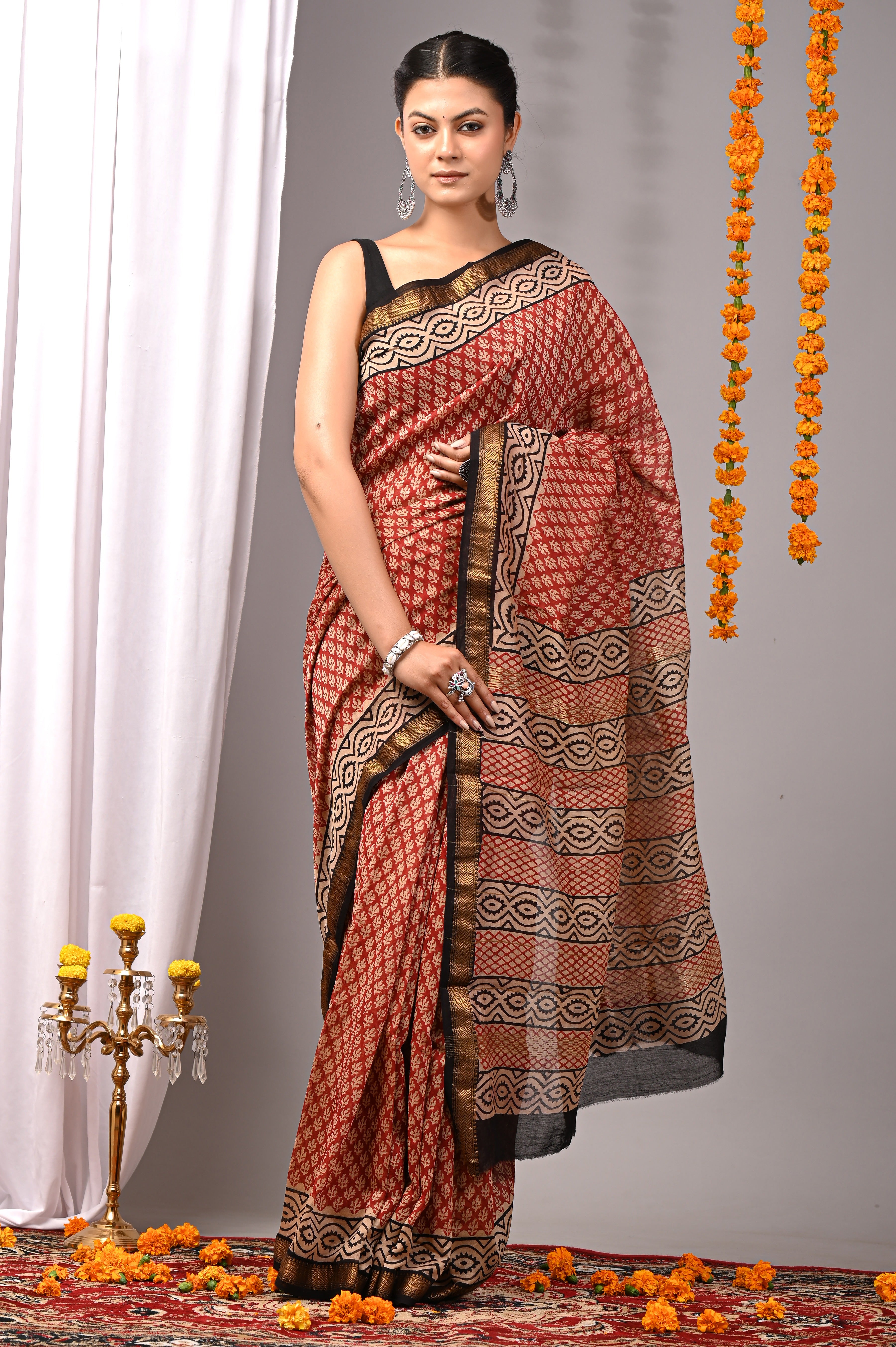 Rust Red & Black Maheshwari Silk Saree