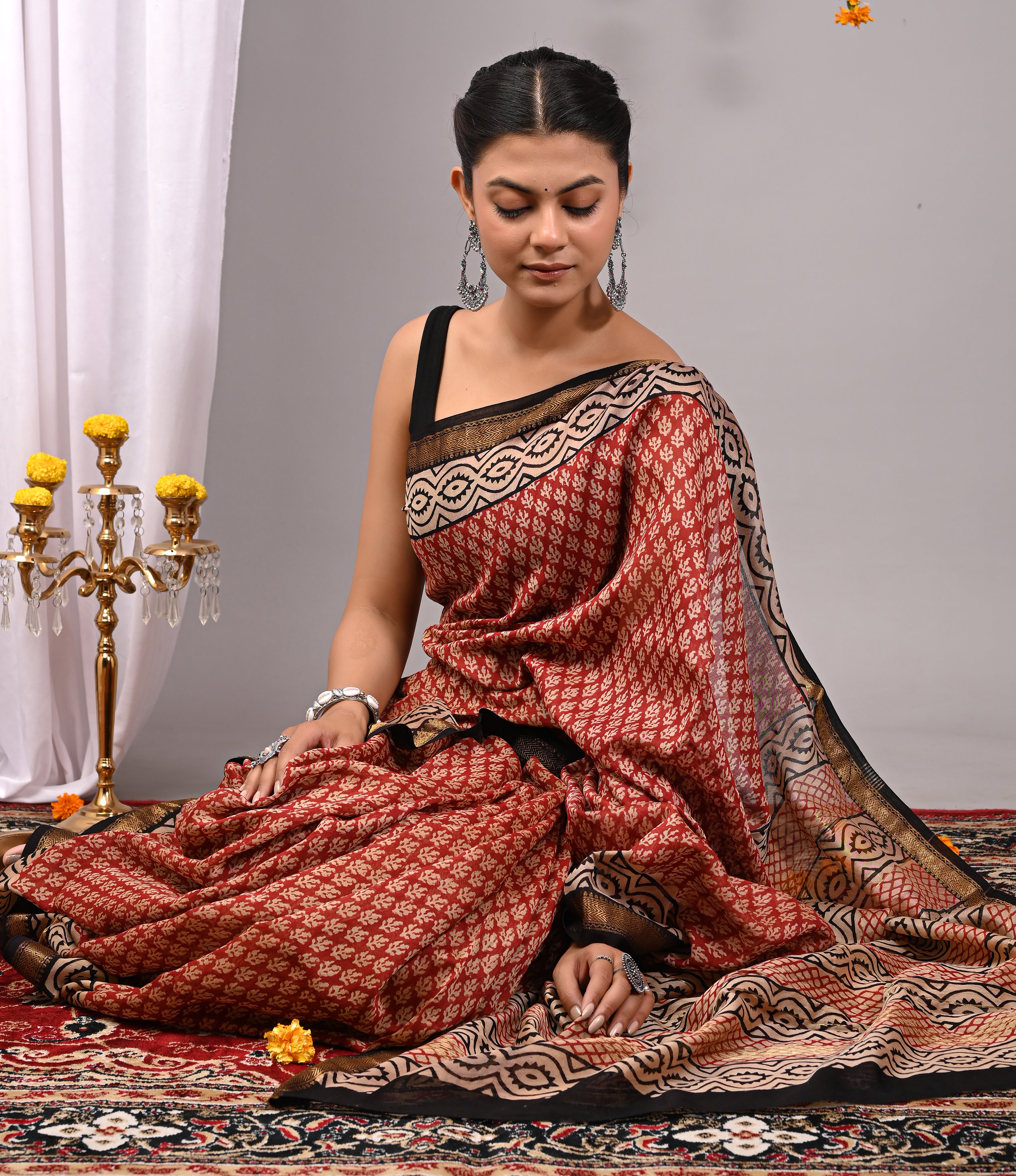 Rust Red & Black Maheshwari Silk Saree