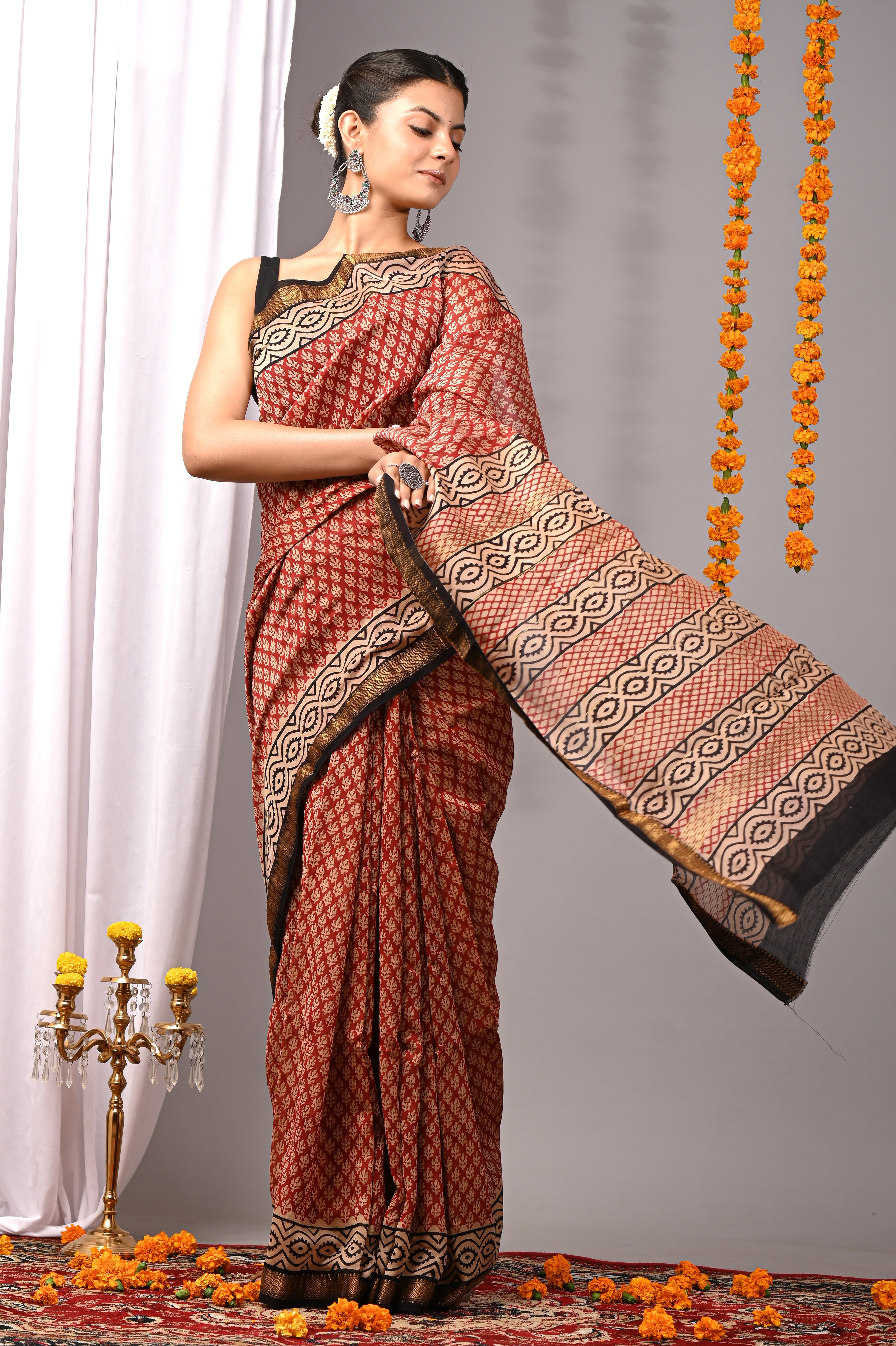 Rust Red & Black Maheshwari Silk Saree