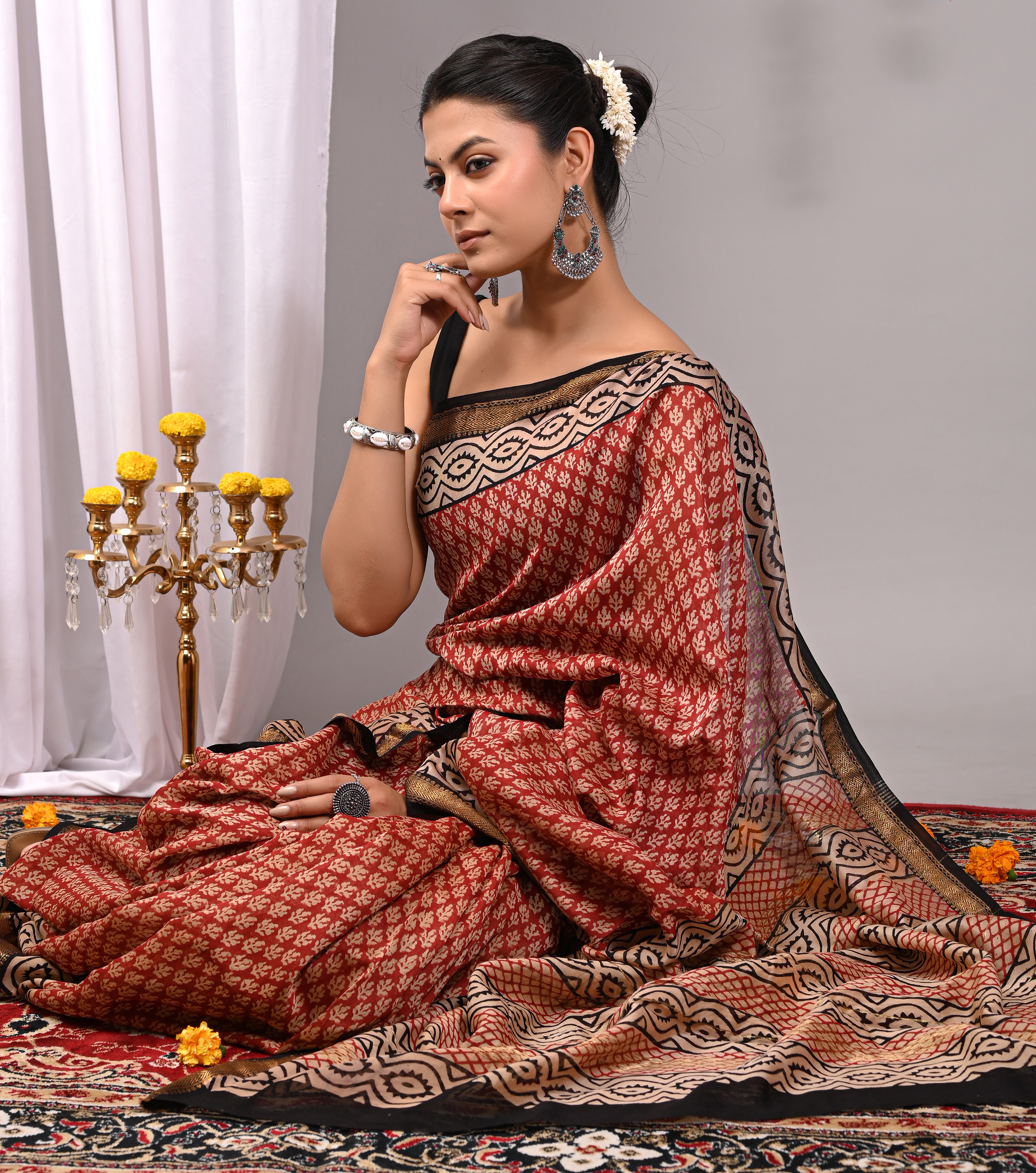 Rust Red & Black Maheshwari Silk Saree