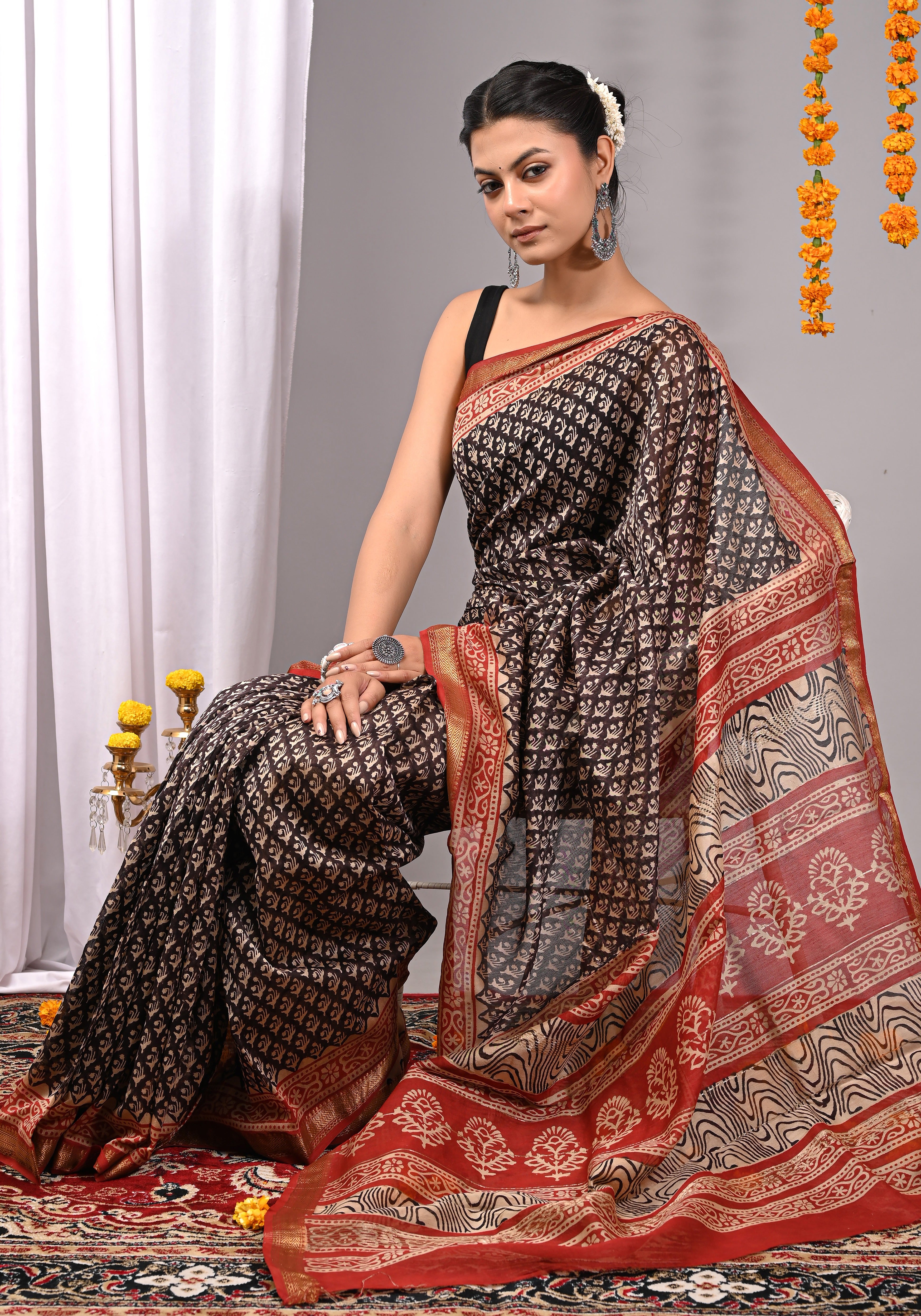 Black & Maroon Maheshwari Silk Saree