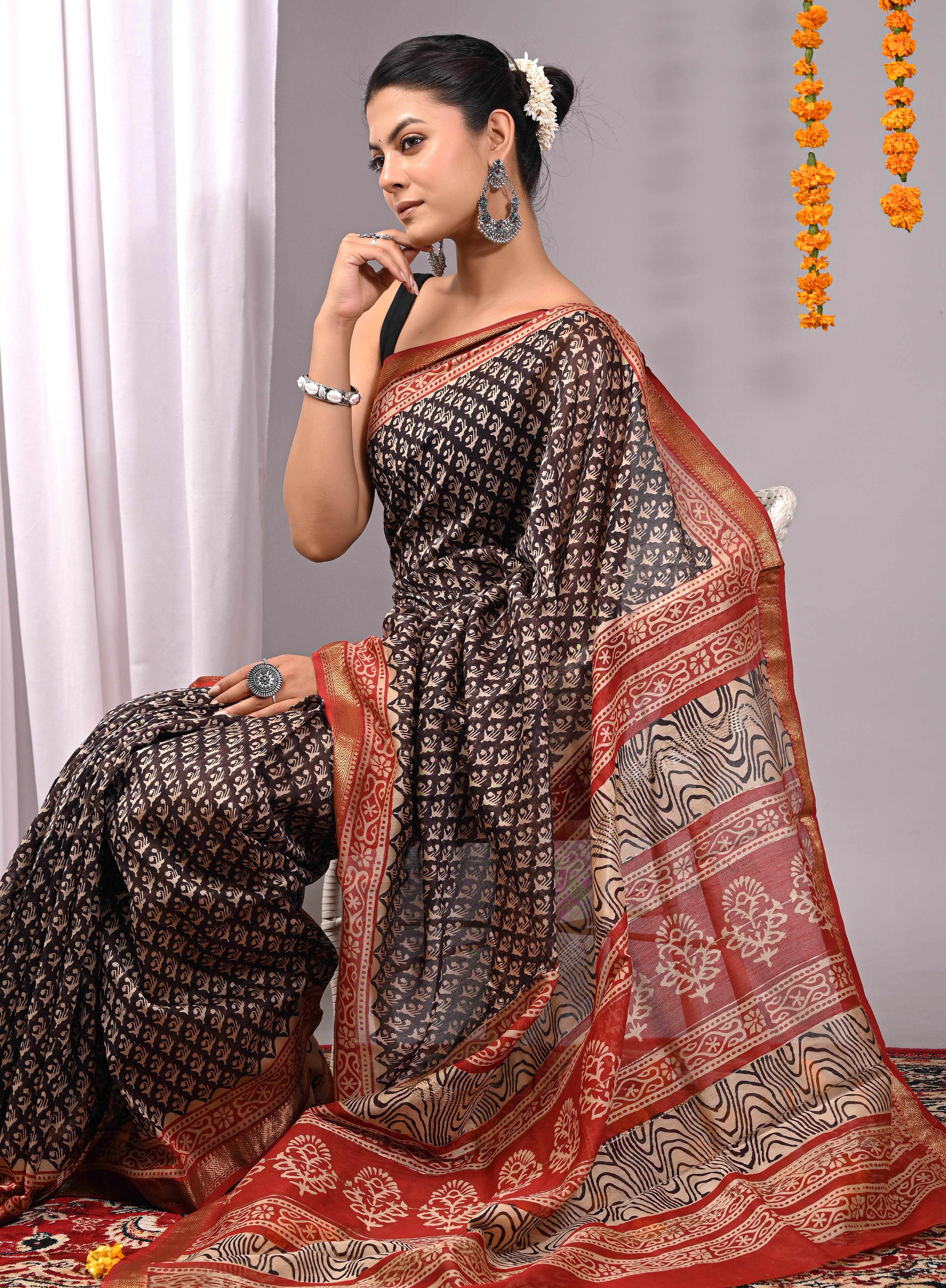 Black & Maroon Maheshwari Silk Saree