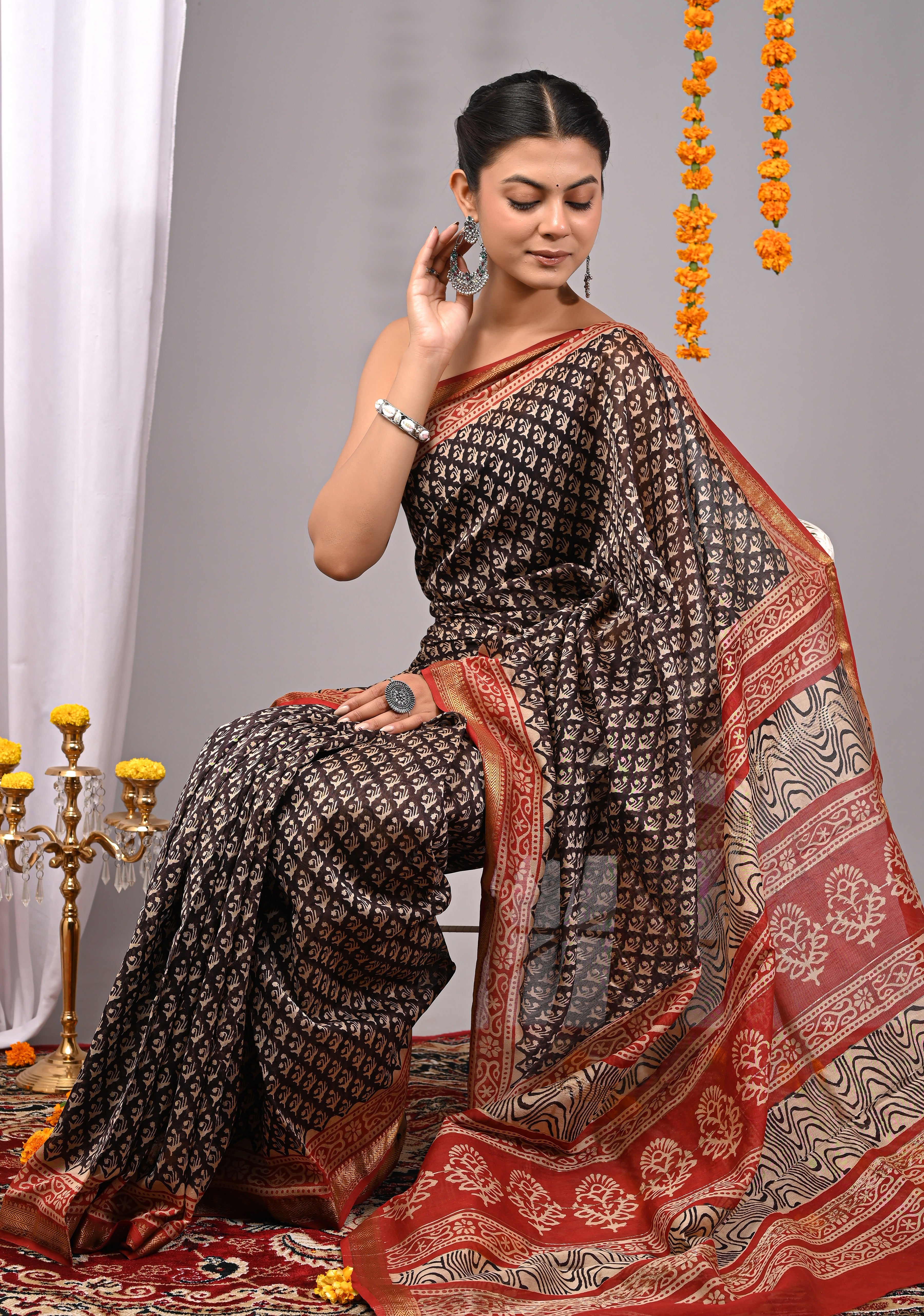 Black & Maroon Maheshwari Silk Saree
