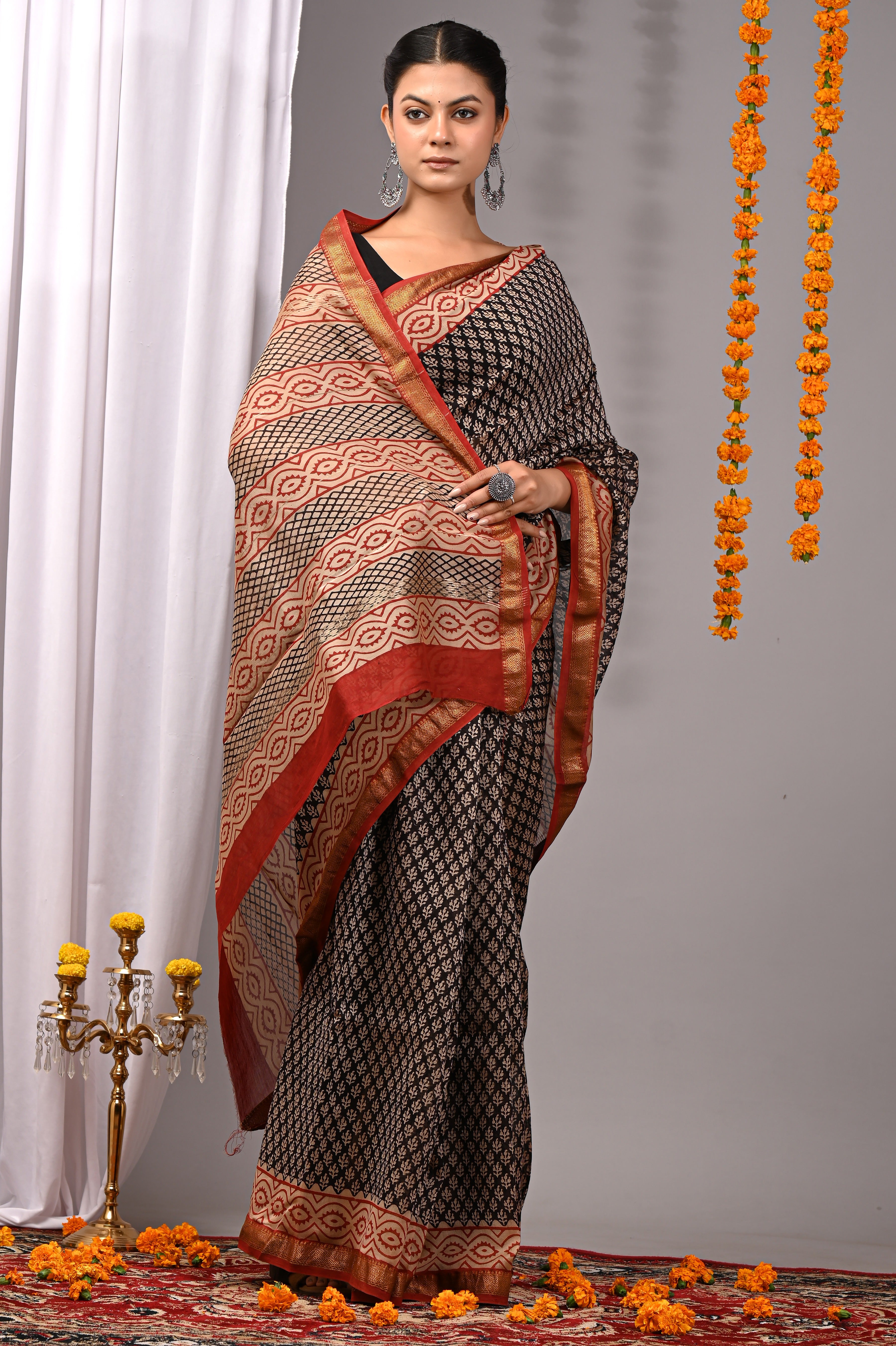 Black & Maroon Maheshwari Silk Saree