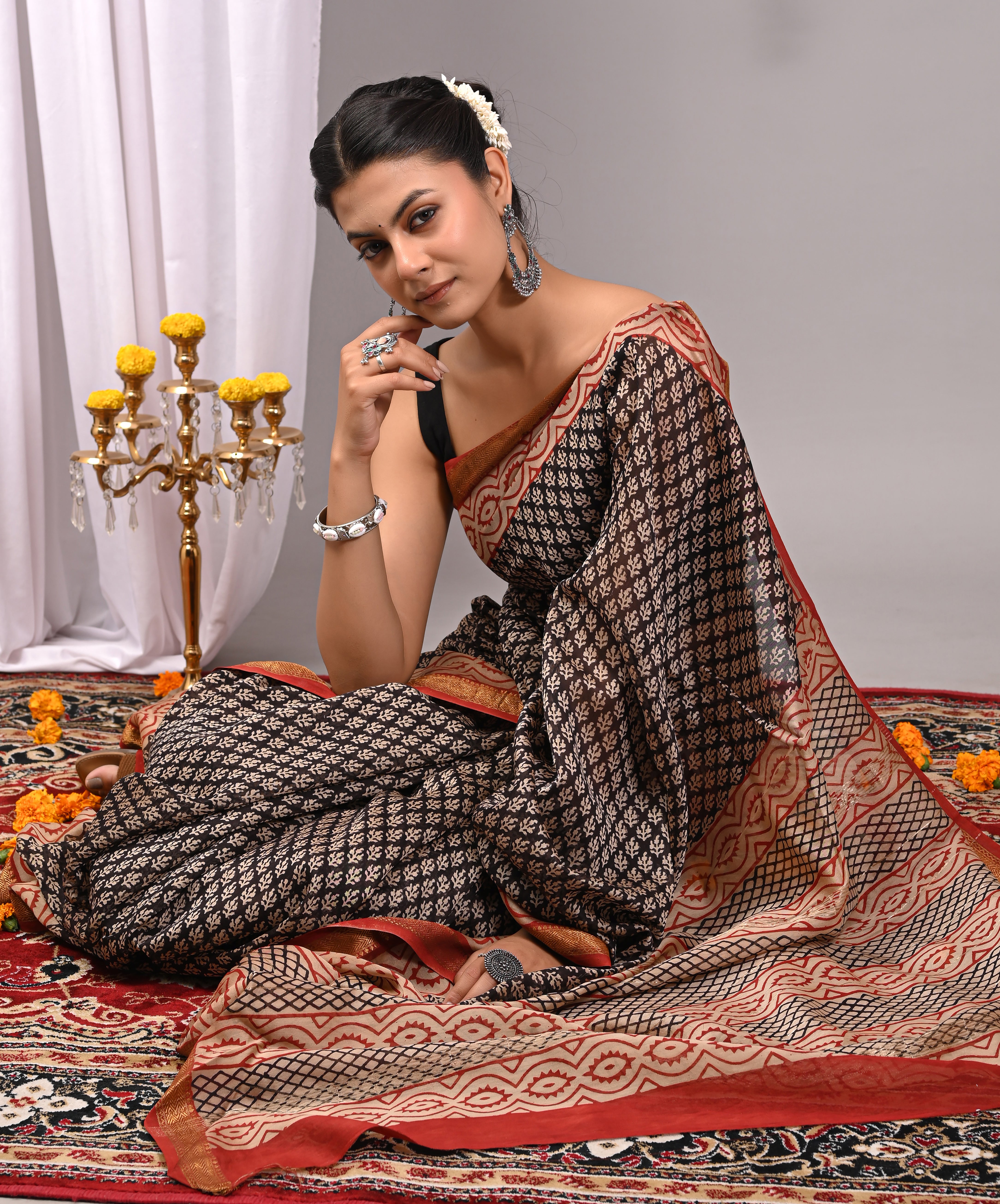 Black & Maroon Maheshwari Silk Saree
