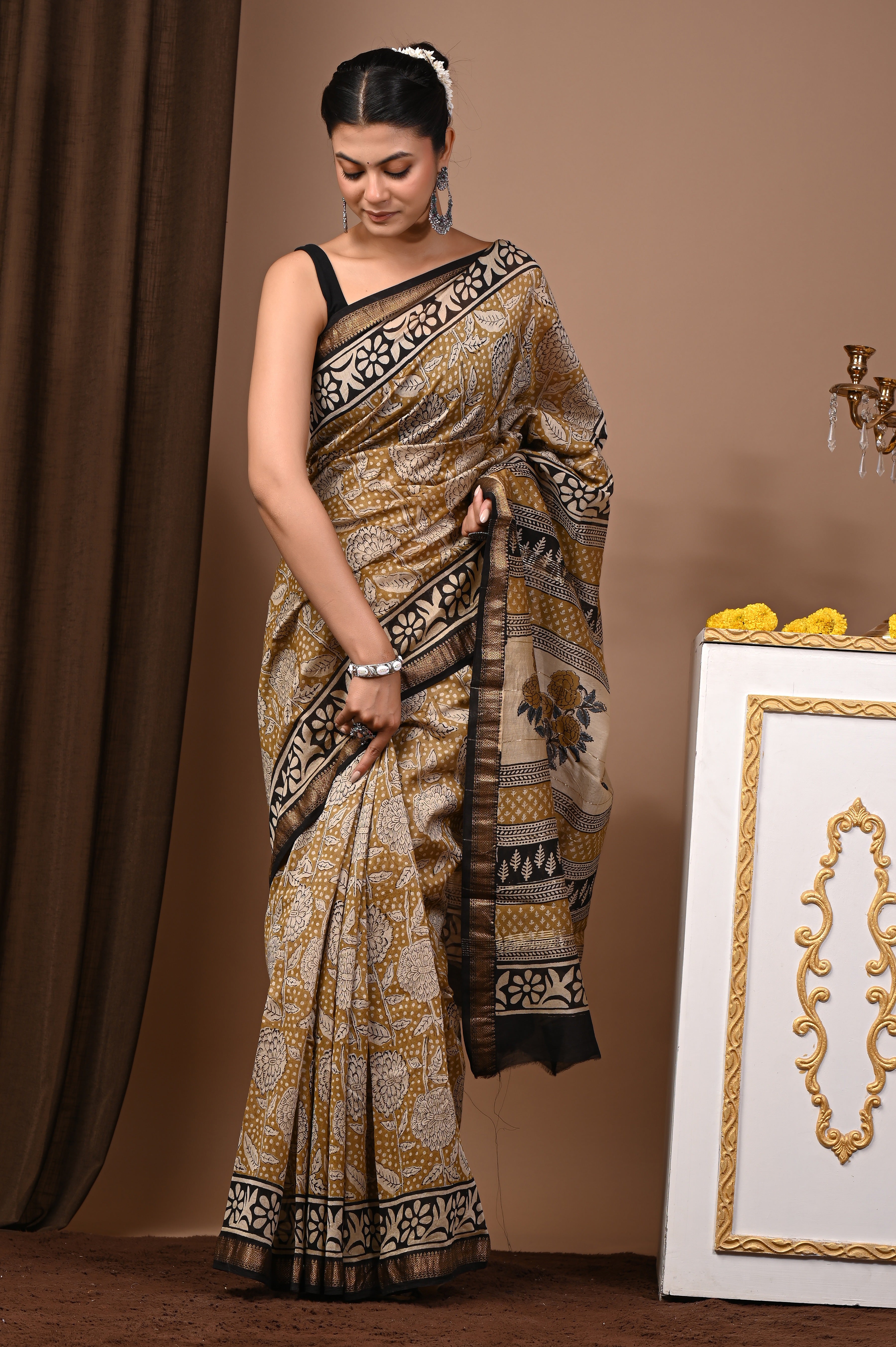Mustard & Black Maheshwari Silk Saree
