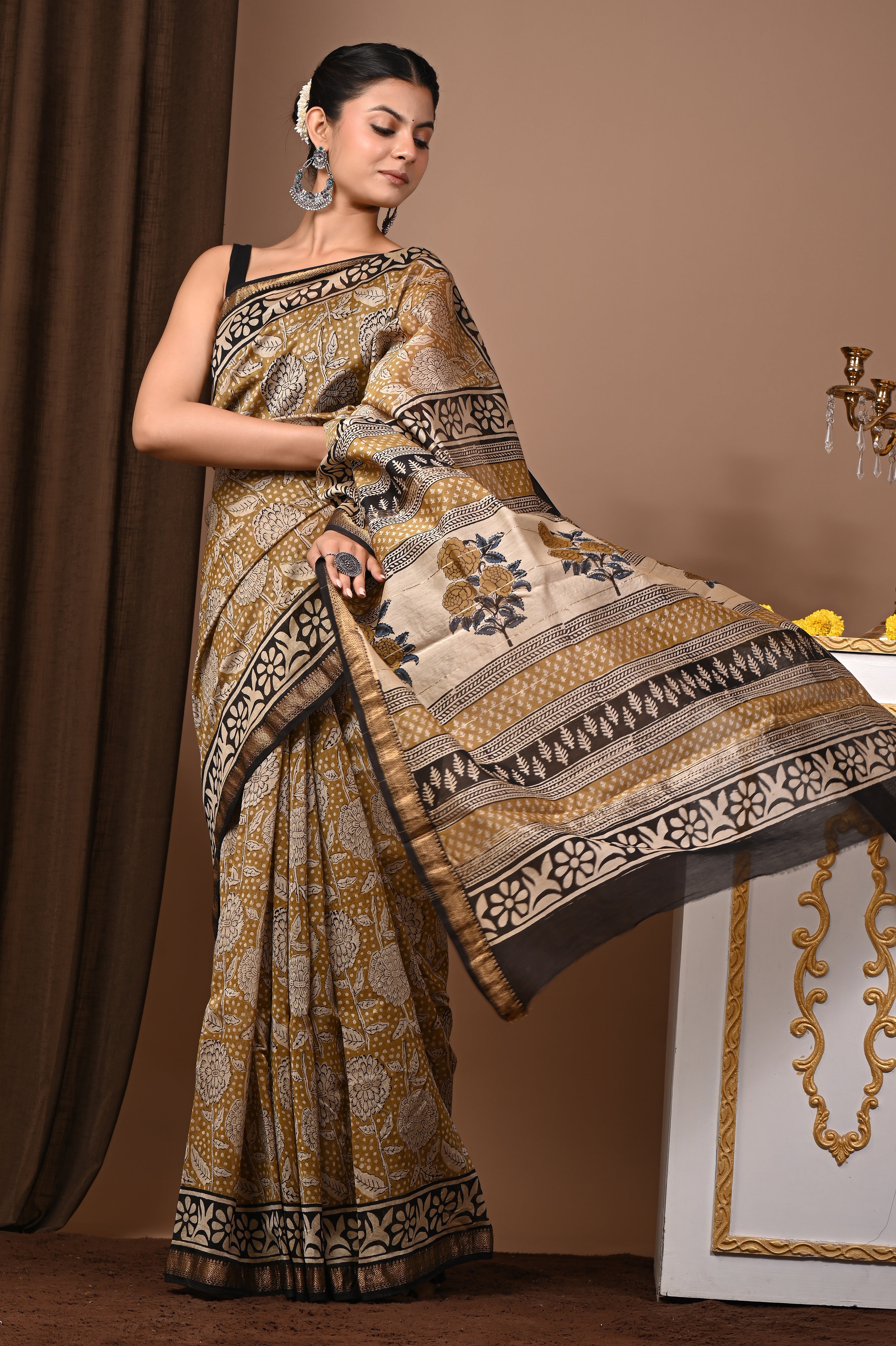 Mustard & Black Maheshwari Silk Saree