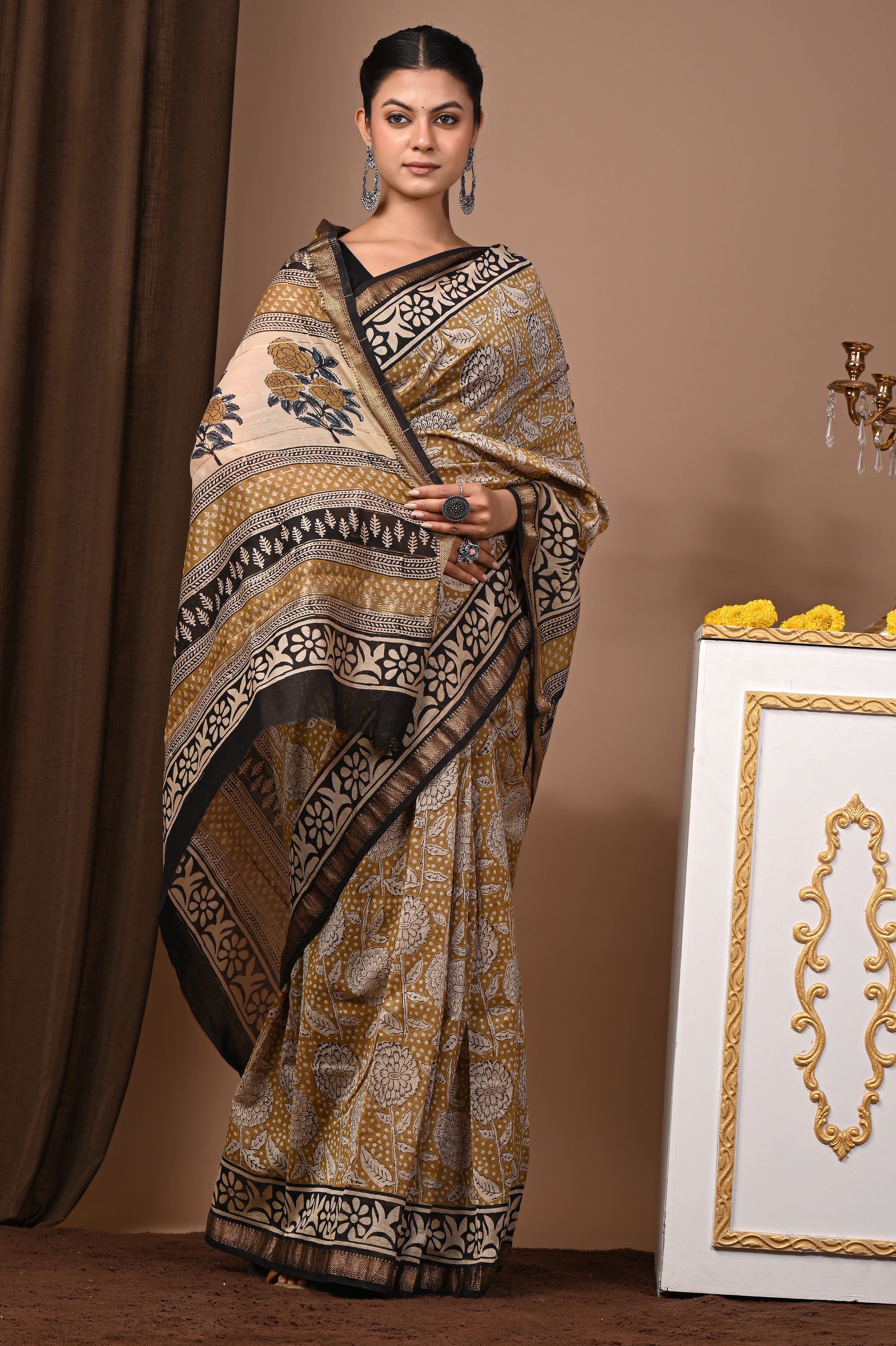 Mustard & Black Maheshwari Silk Saree