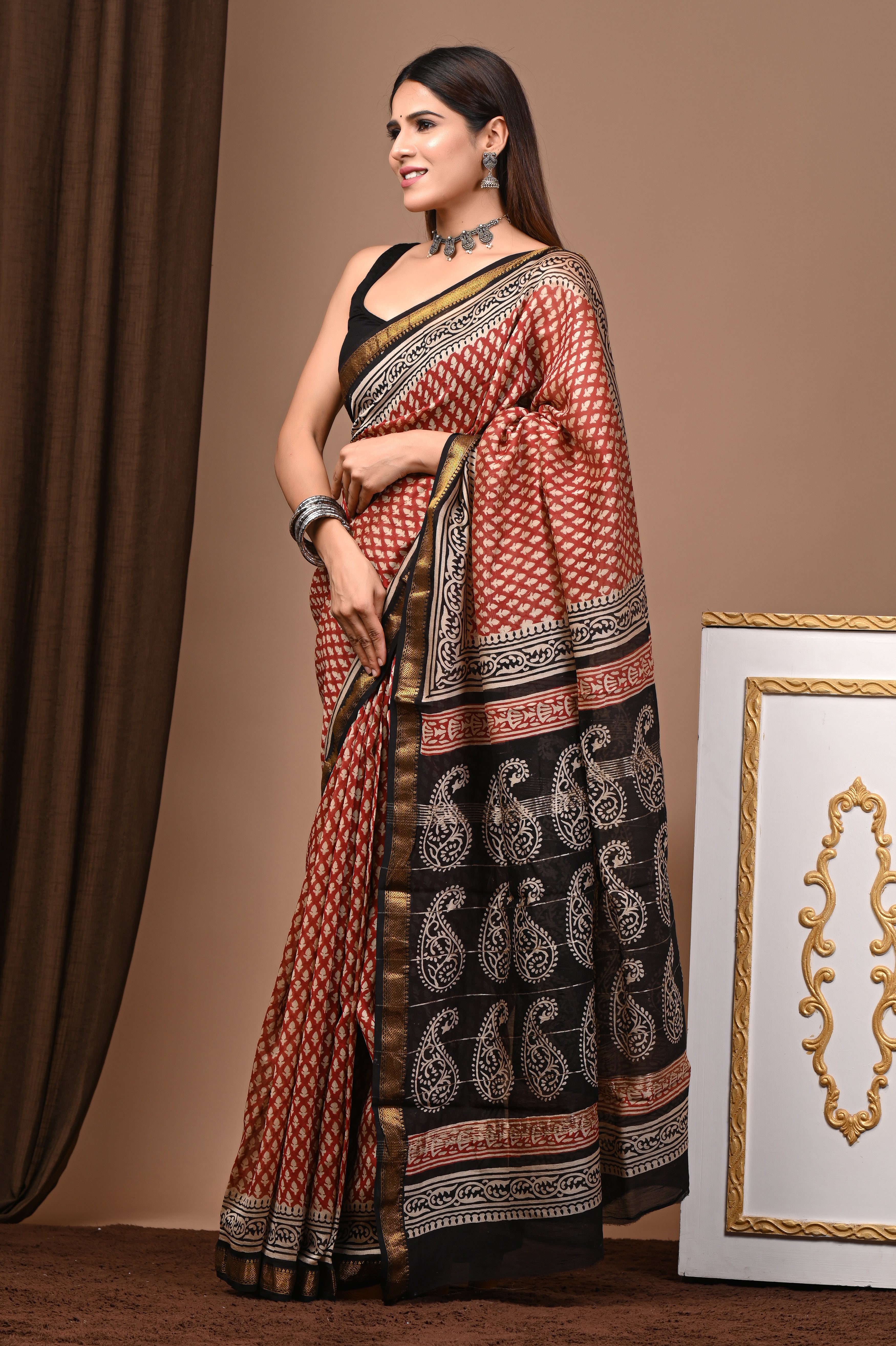 Rust Red & Black Maheshwari Silk Saree