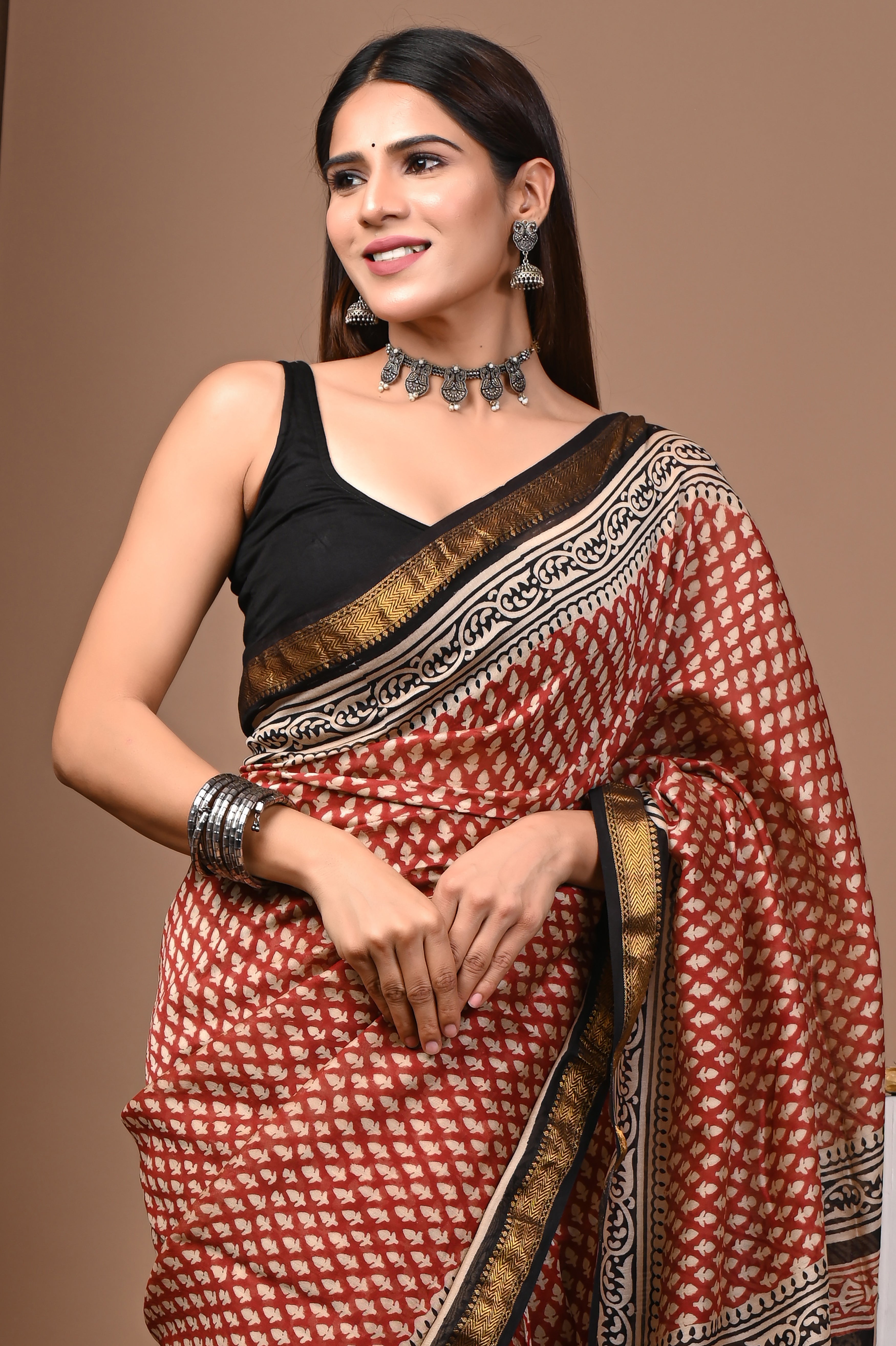 Rust Red & Black Maheshwari Silk Saree