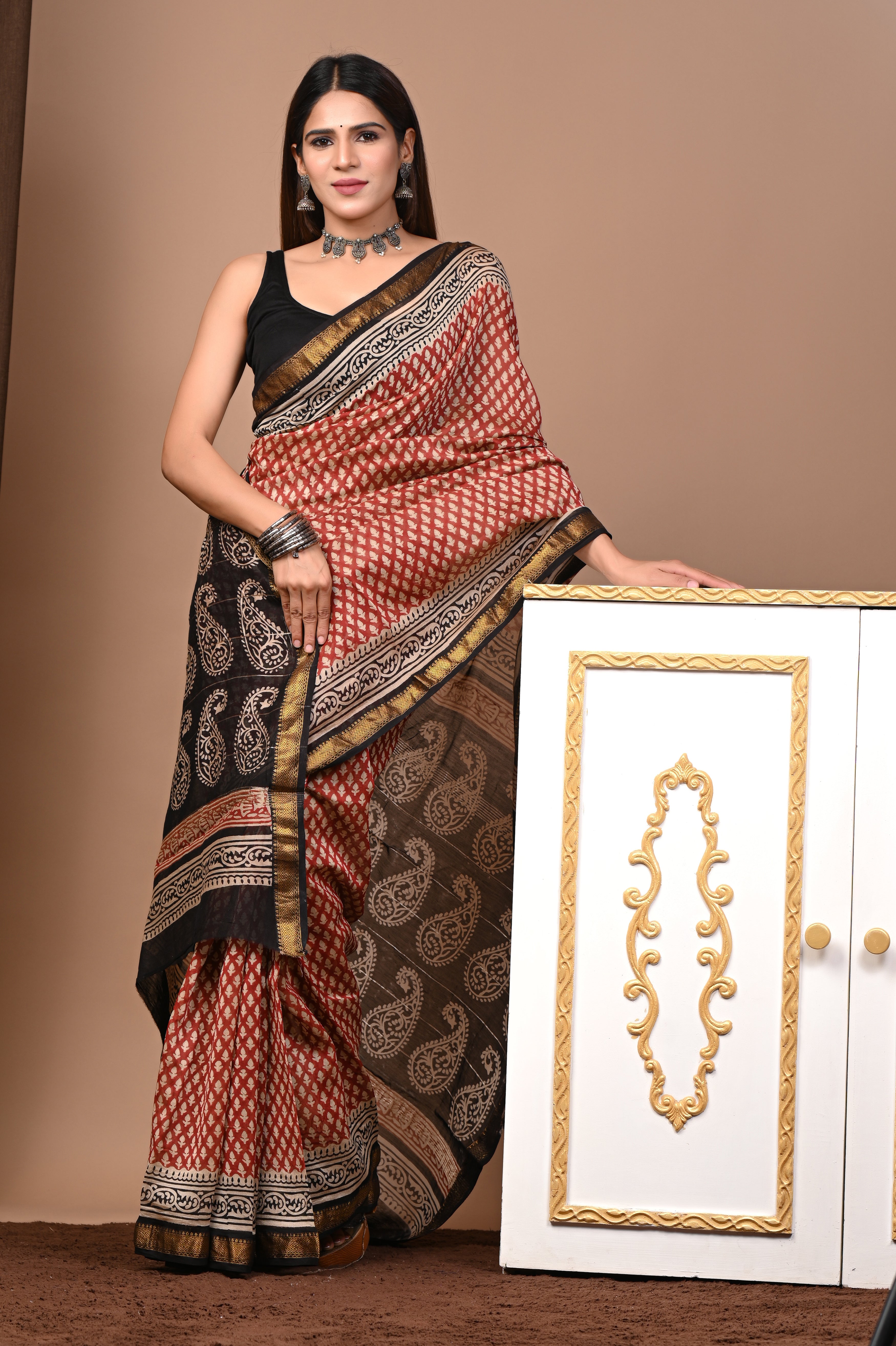 Rust Red & Black Maheshwari Silk Saree
