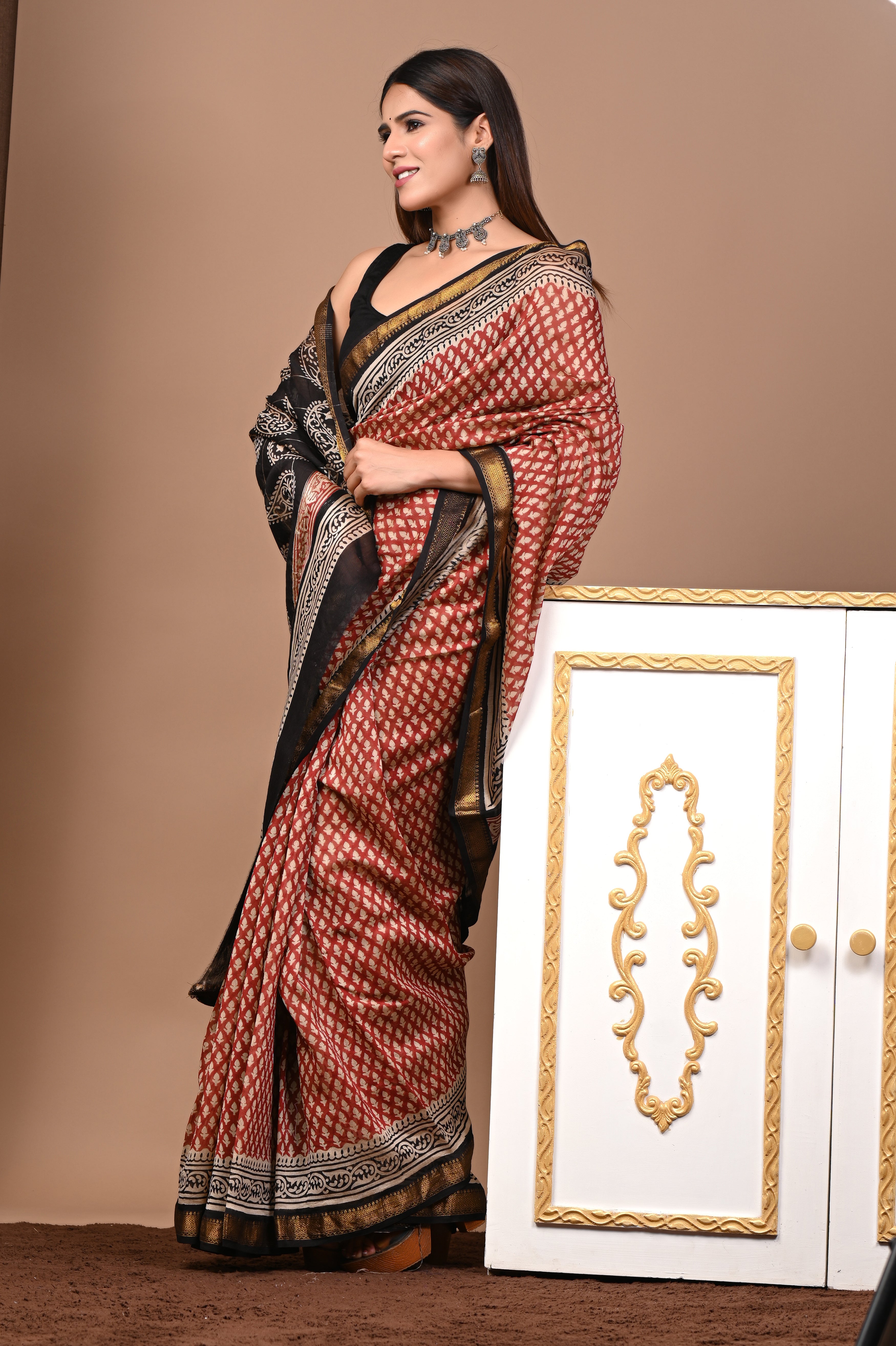 Rust Red & Black Maheshwari Silk Saree