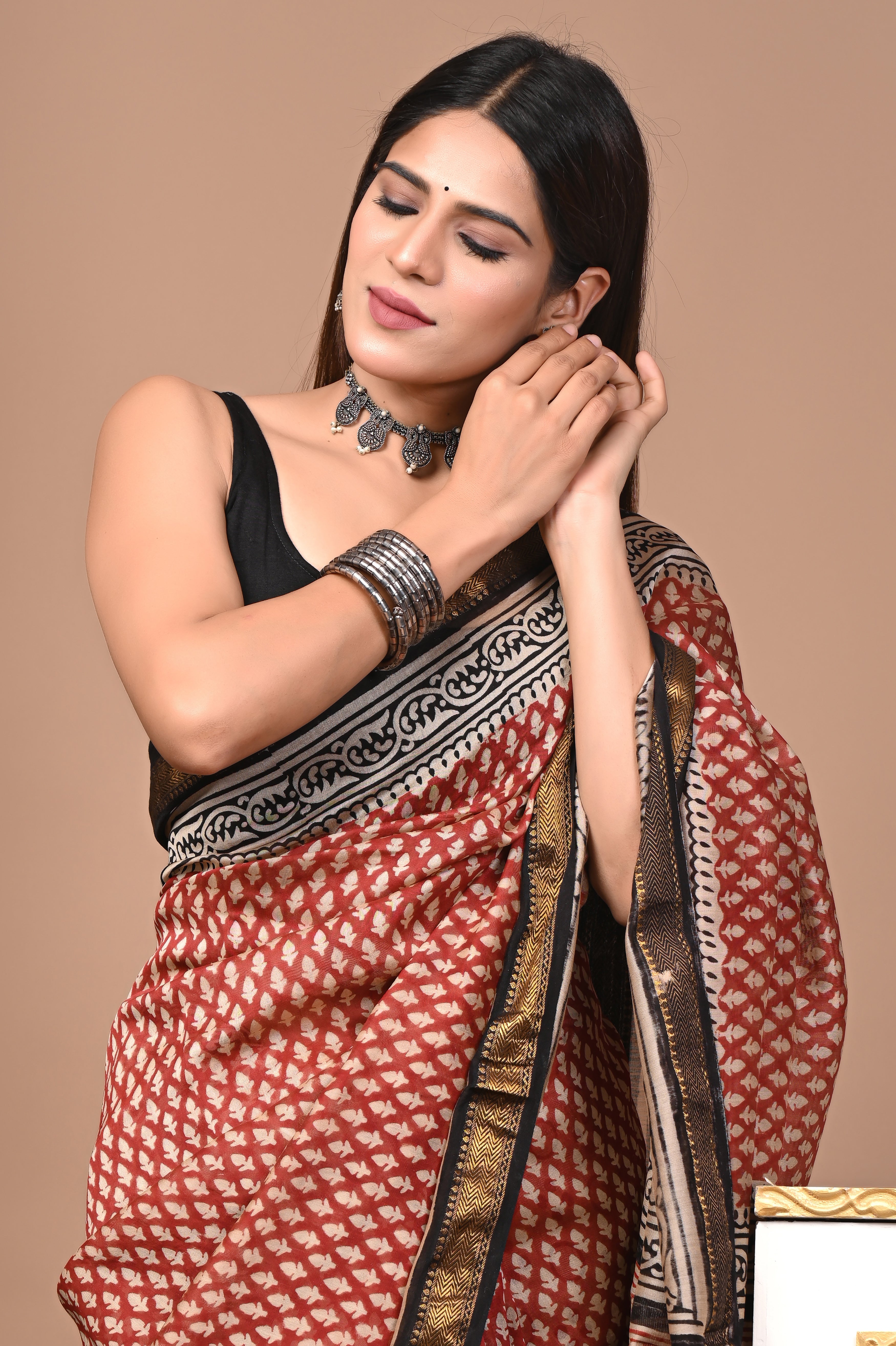 Rust Red & Black Maheshwari Silk Saree