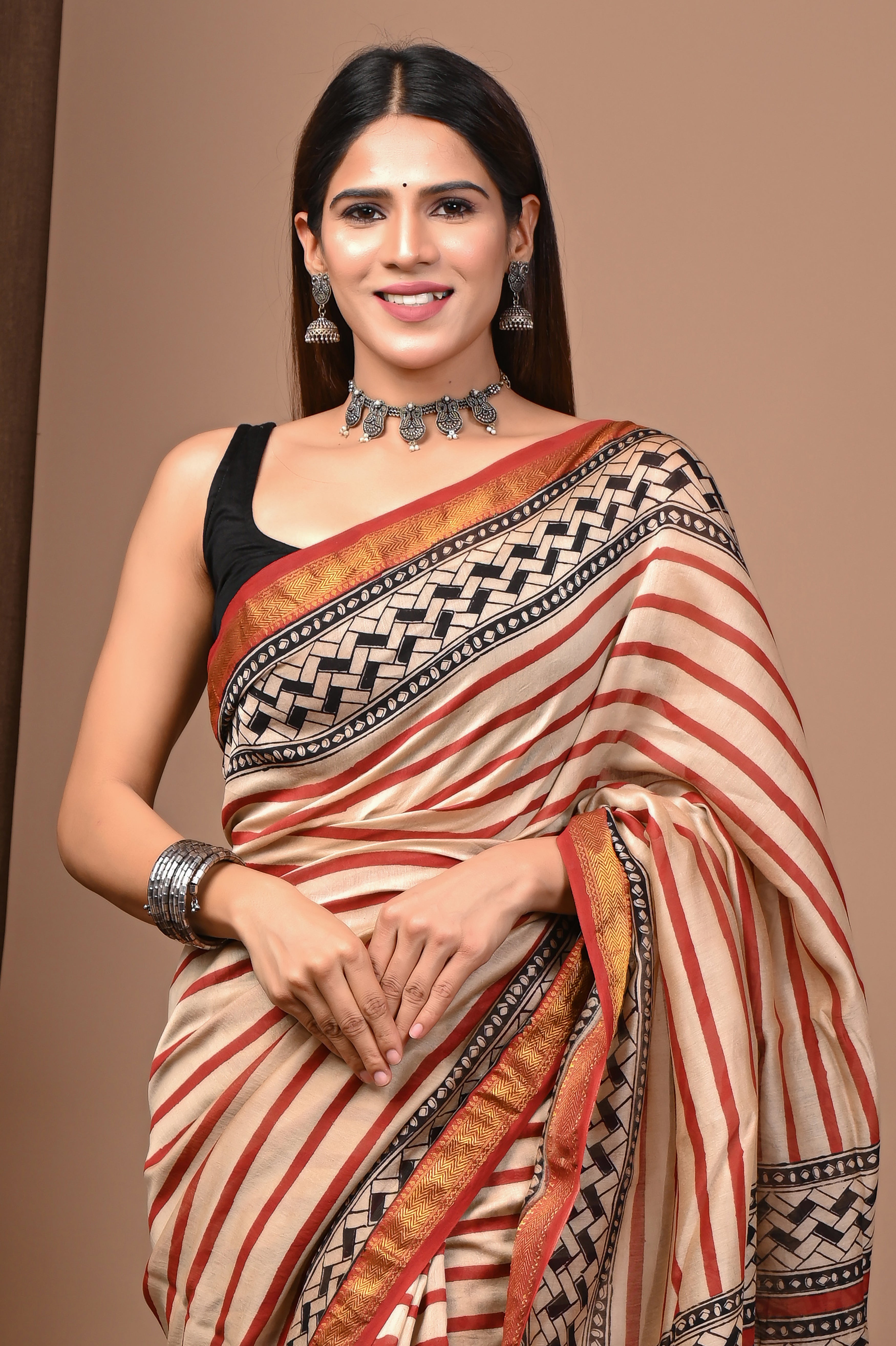 Beige & Rust Maheshwari Silk Saree