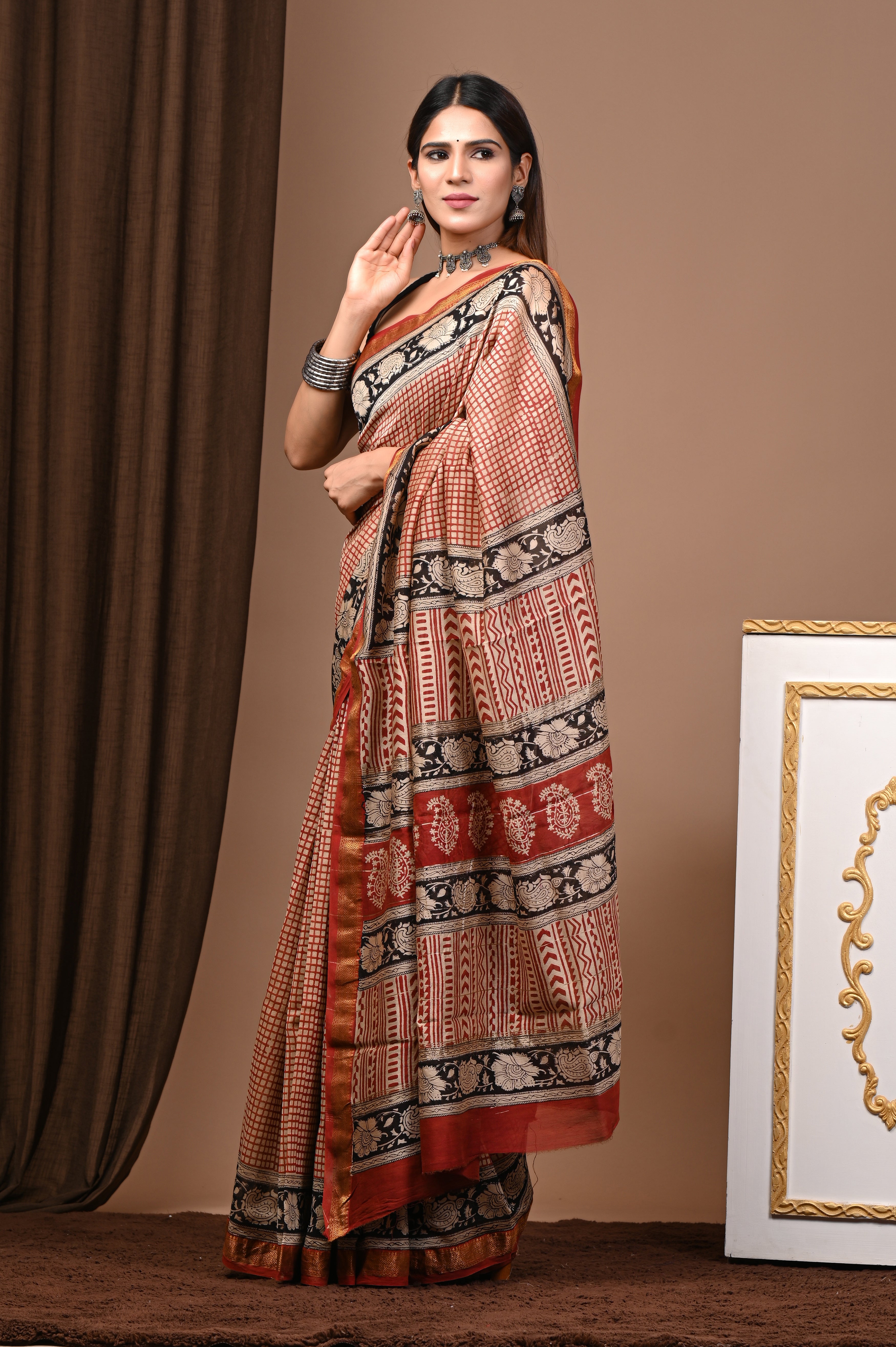 Rust Red & Black Maheshwari Silk Saree