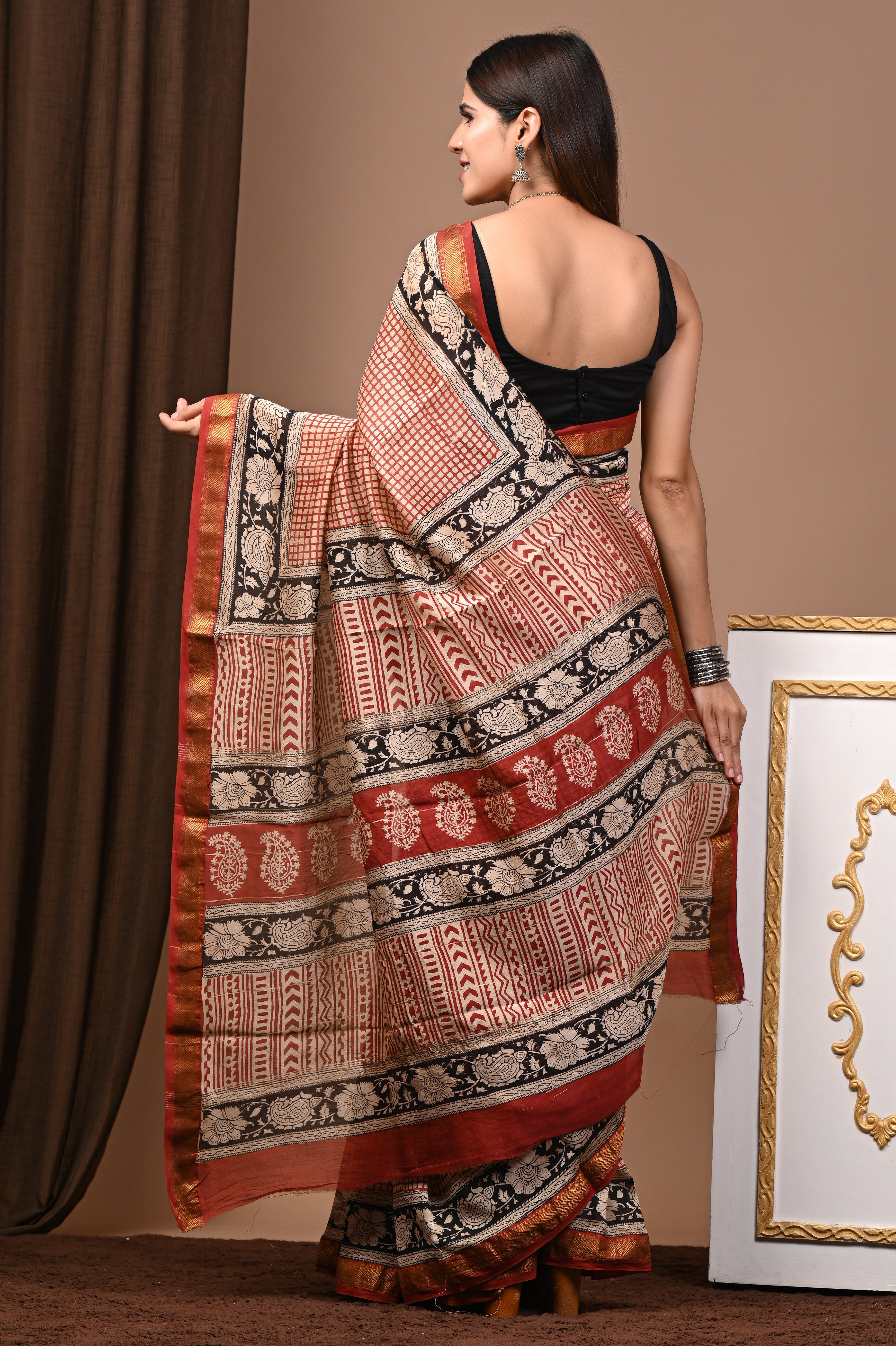 Rust Red & Black Maheshwari Silk Saree