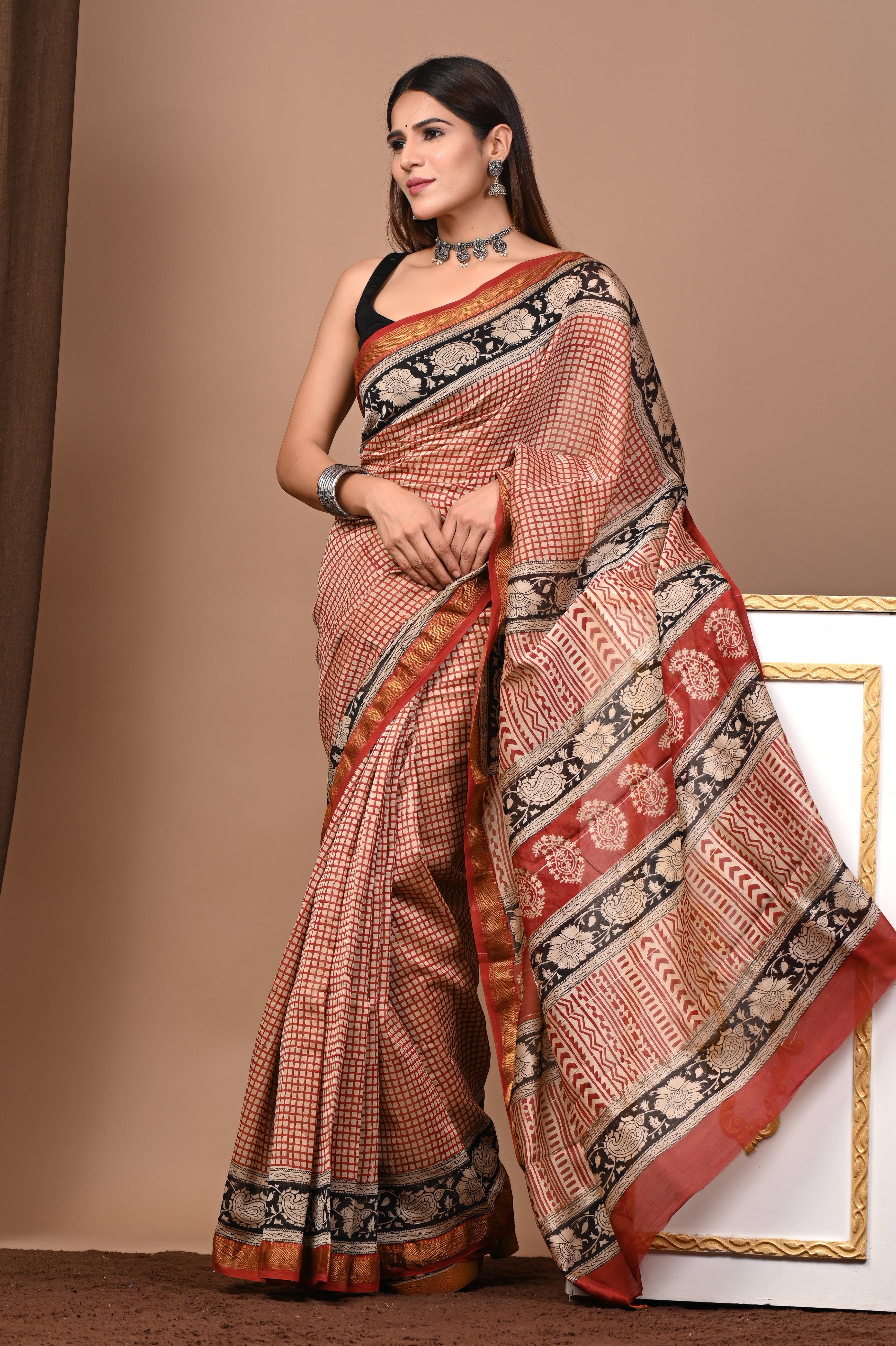 Rust Red & Black Maheshwari Silk Saree