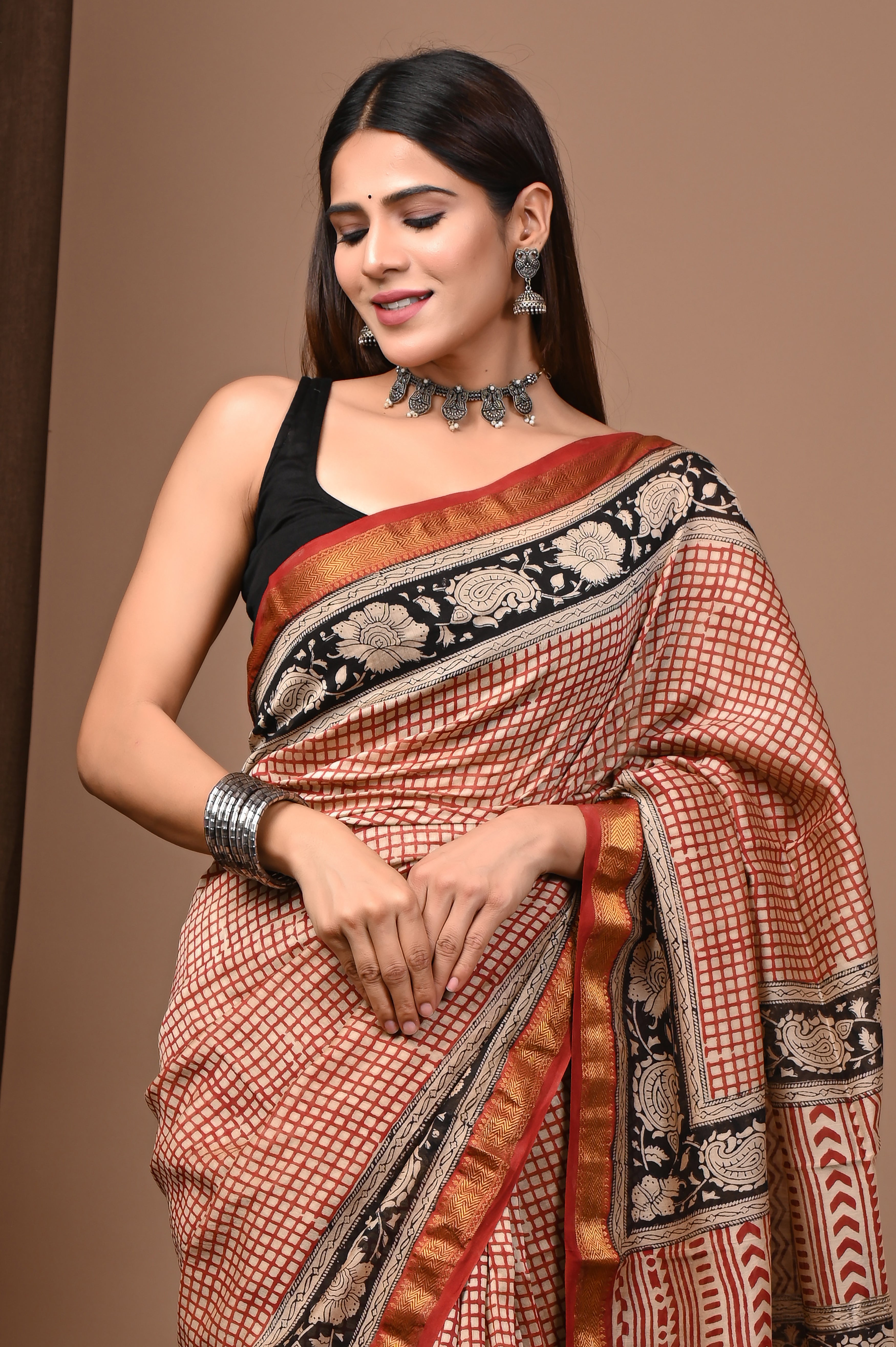 Rust Red & Black Maheshwari Silk Saree