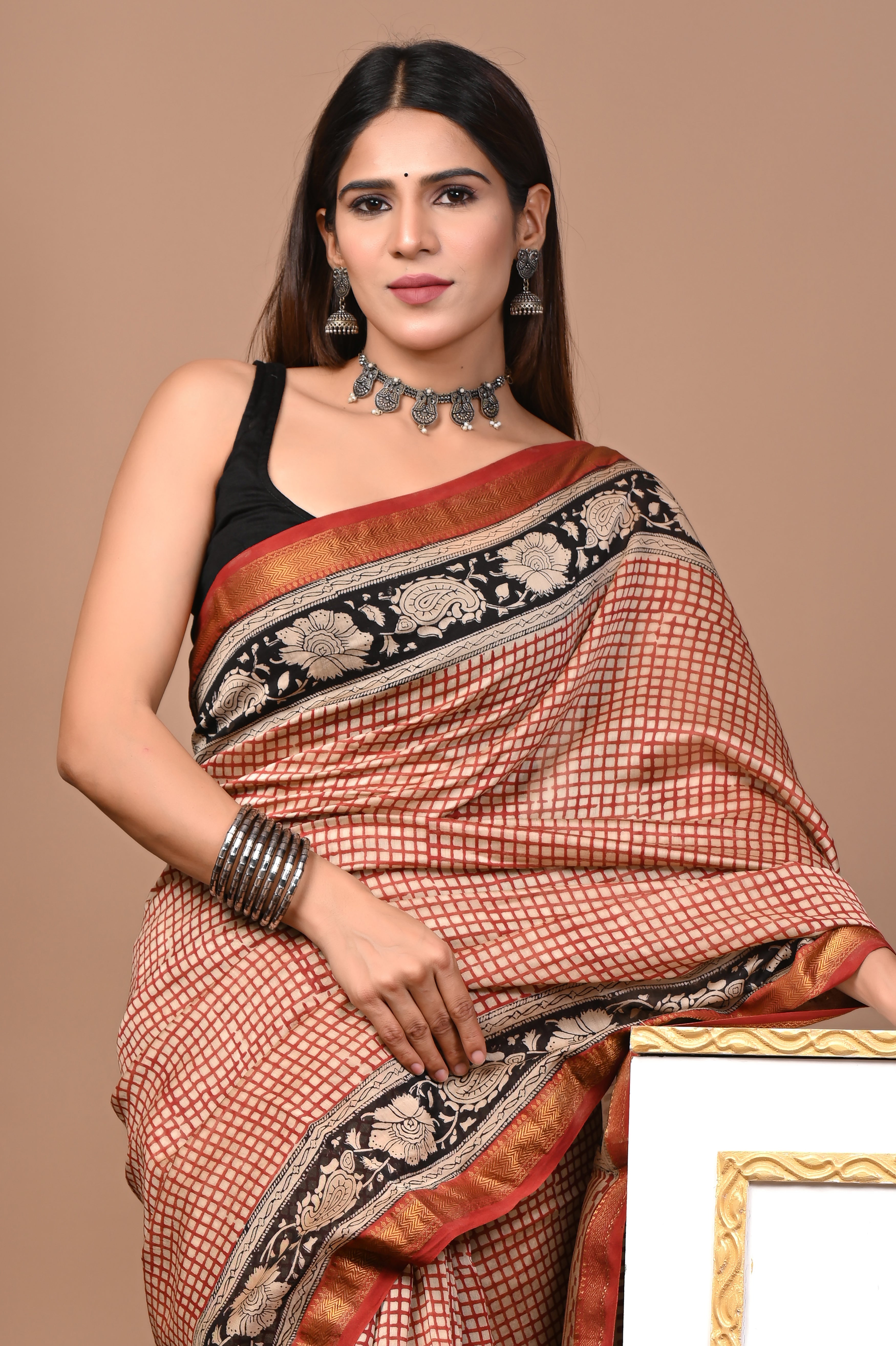 Rust Red & Black Maheshwari Silk Saree