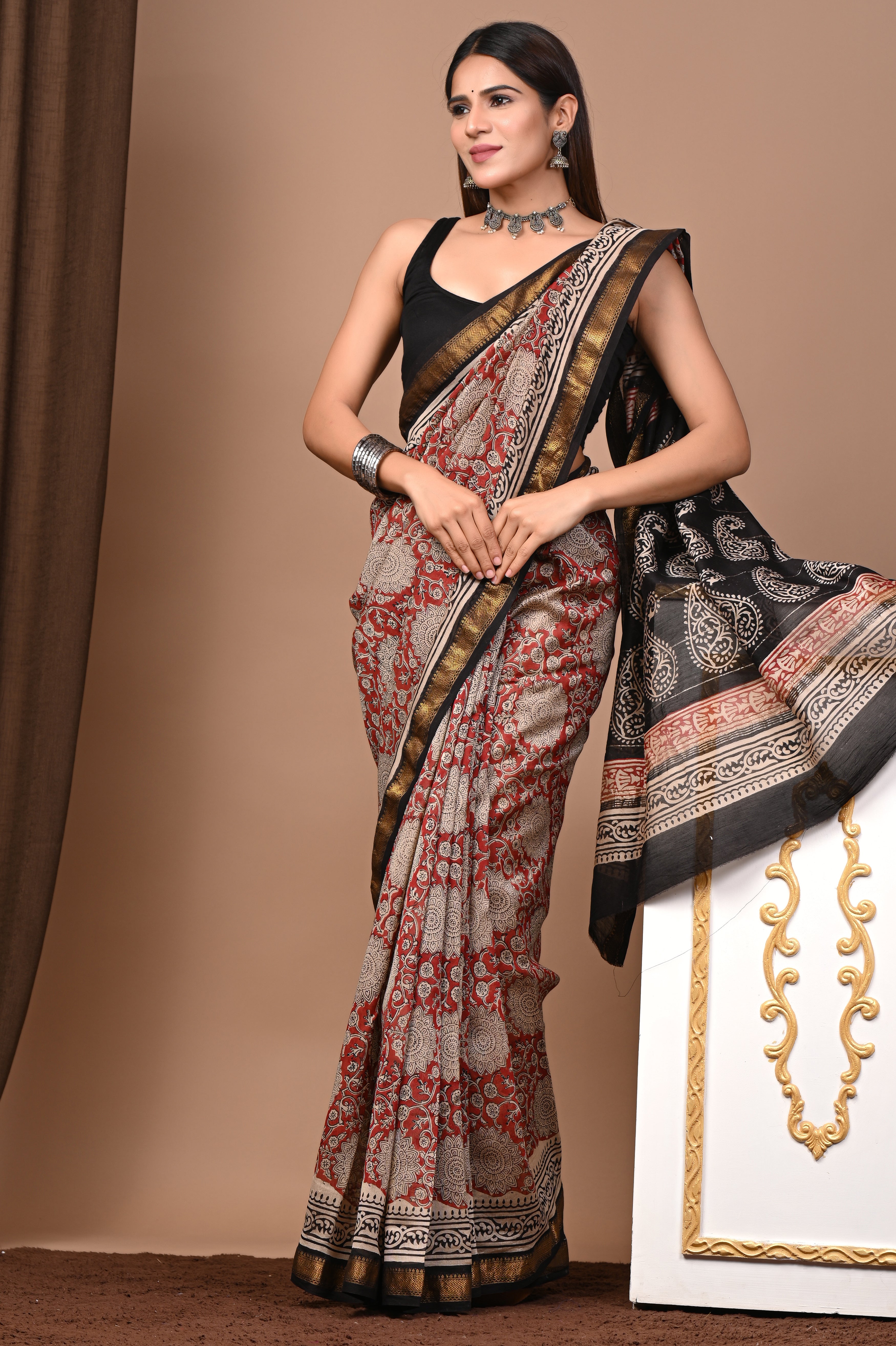 Maroon & Black Maheshwari Silk Saree