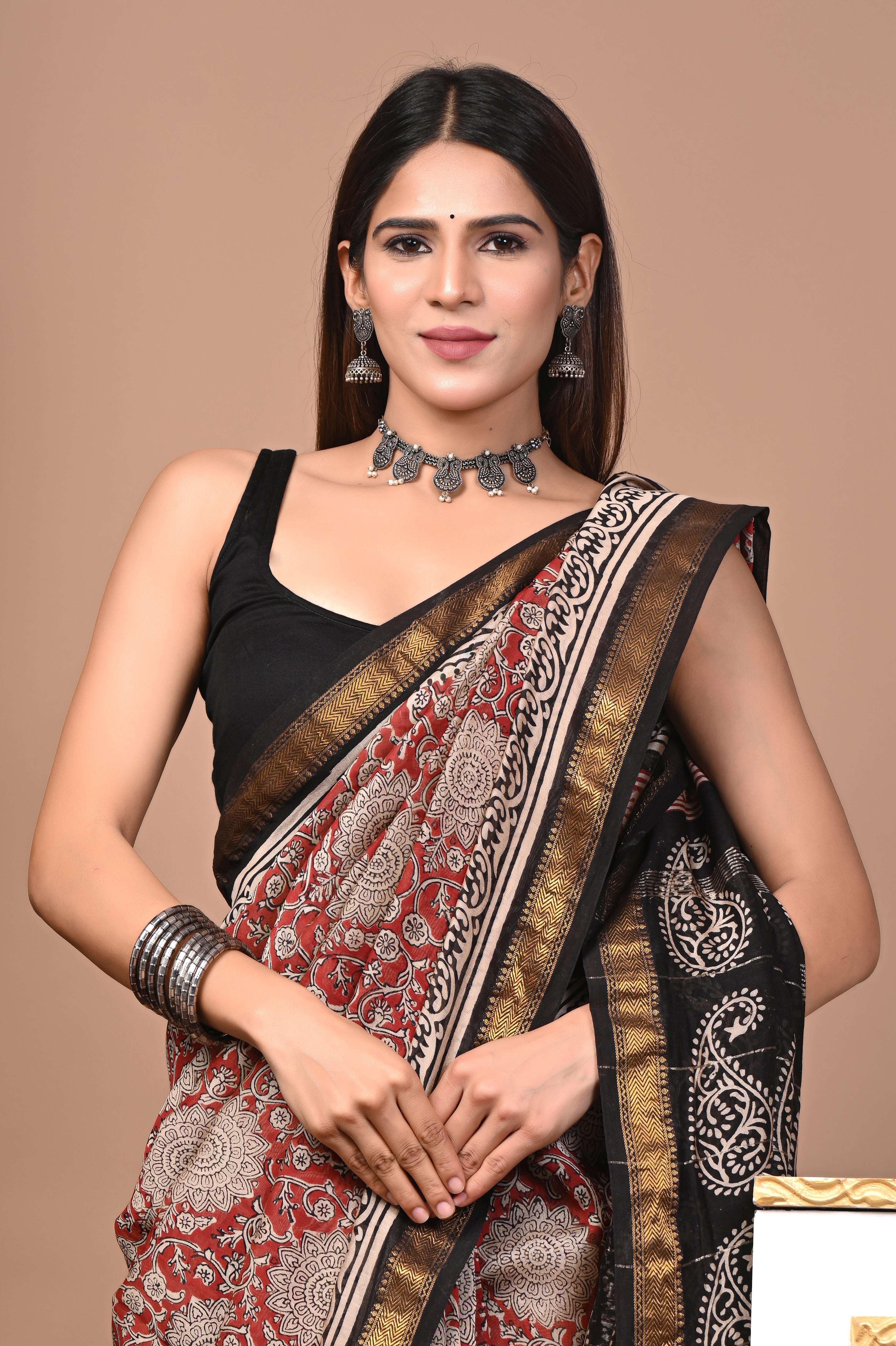 Maroon & Black Maheshwari Silk Saree