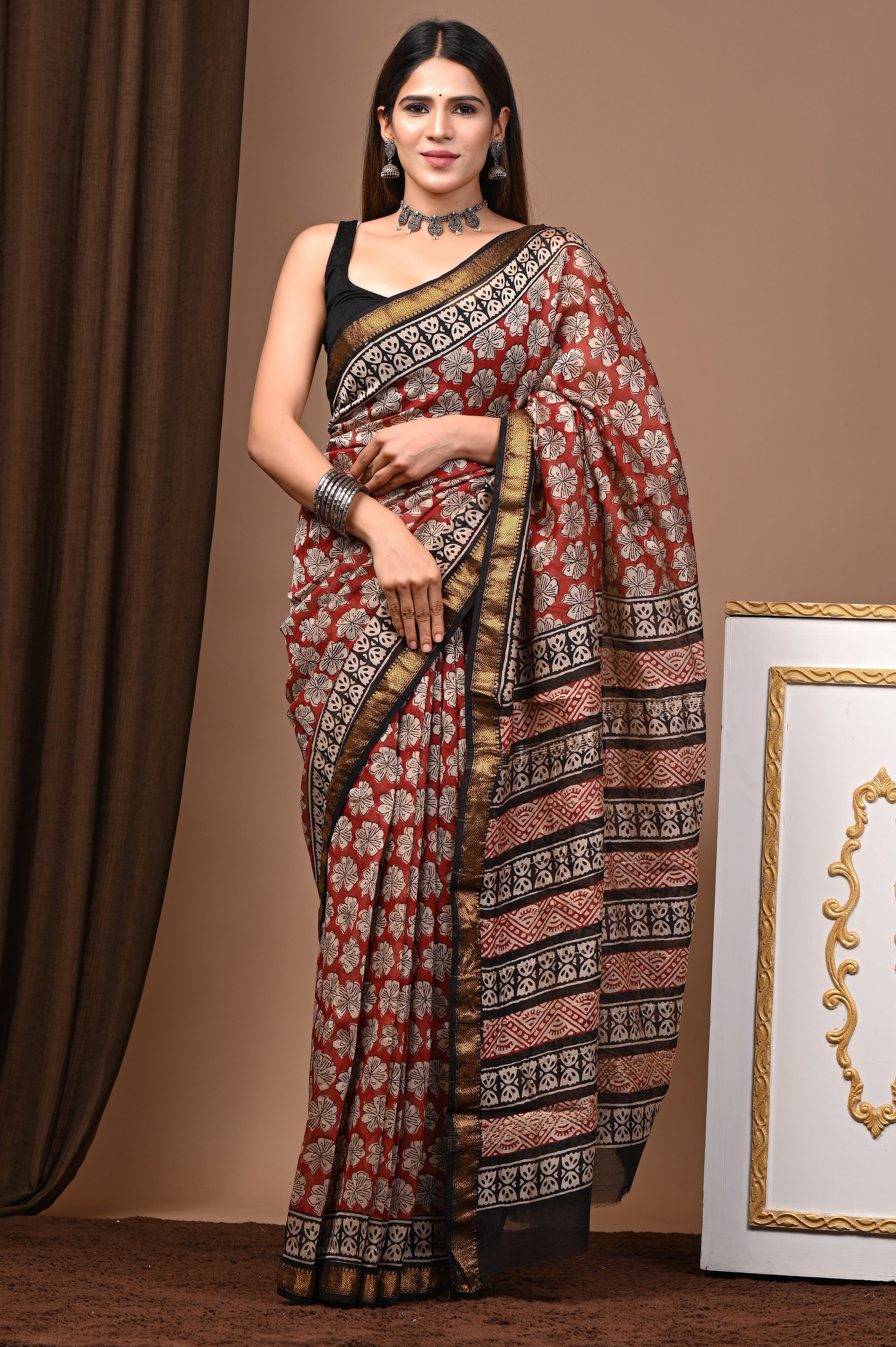 Maroon & Black Maheshwari Silk Saree