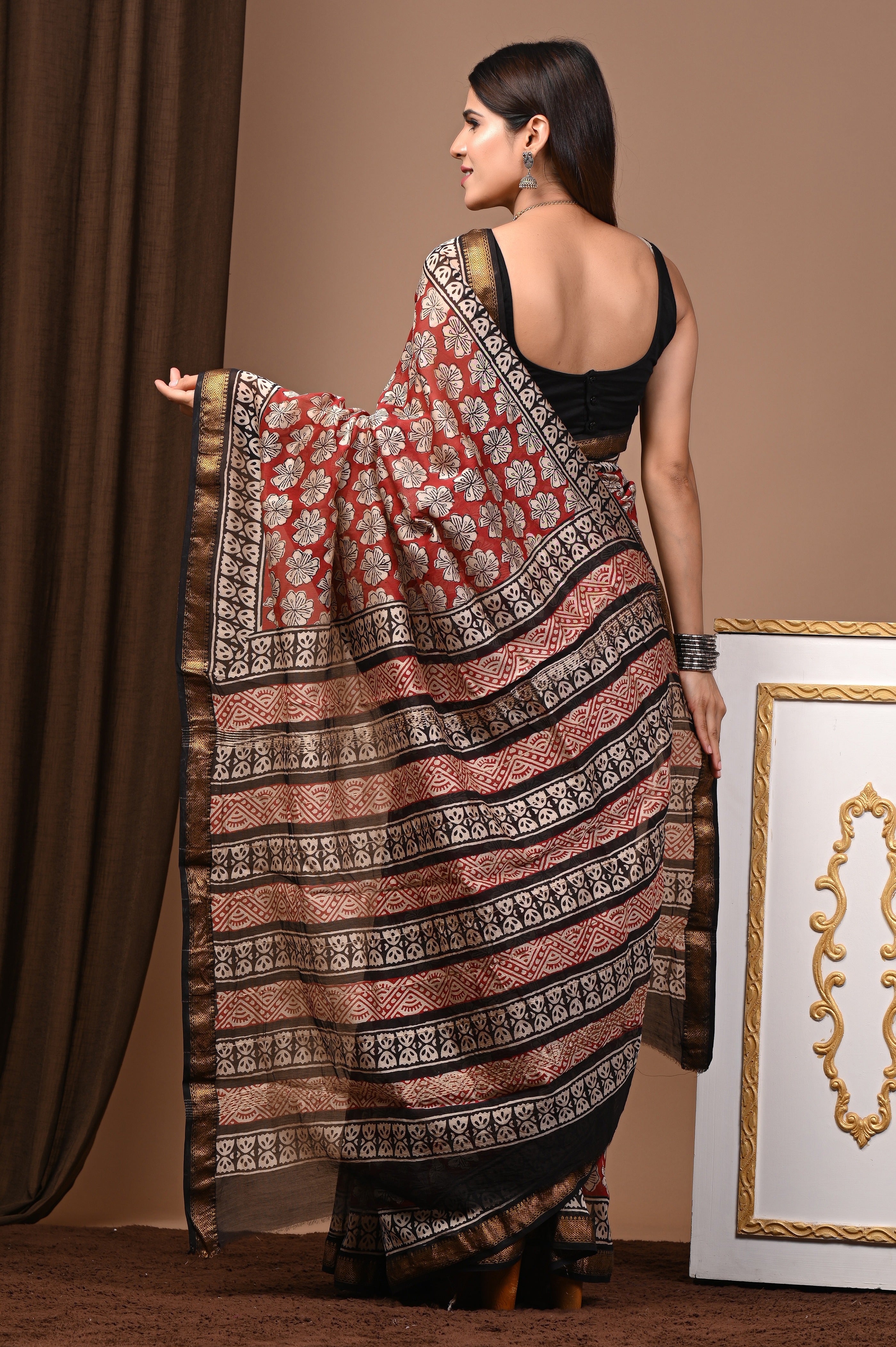 Maroon & Black Maheshwari Silk Saree