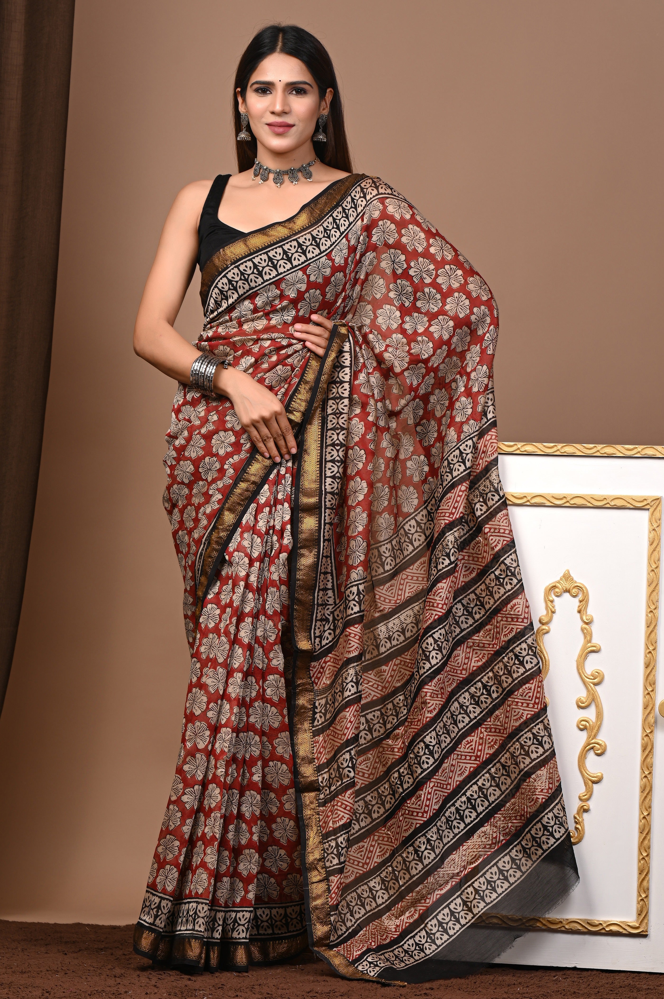 Maroon & Black Maheshwari Silk Saree