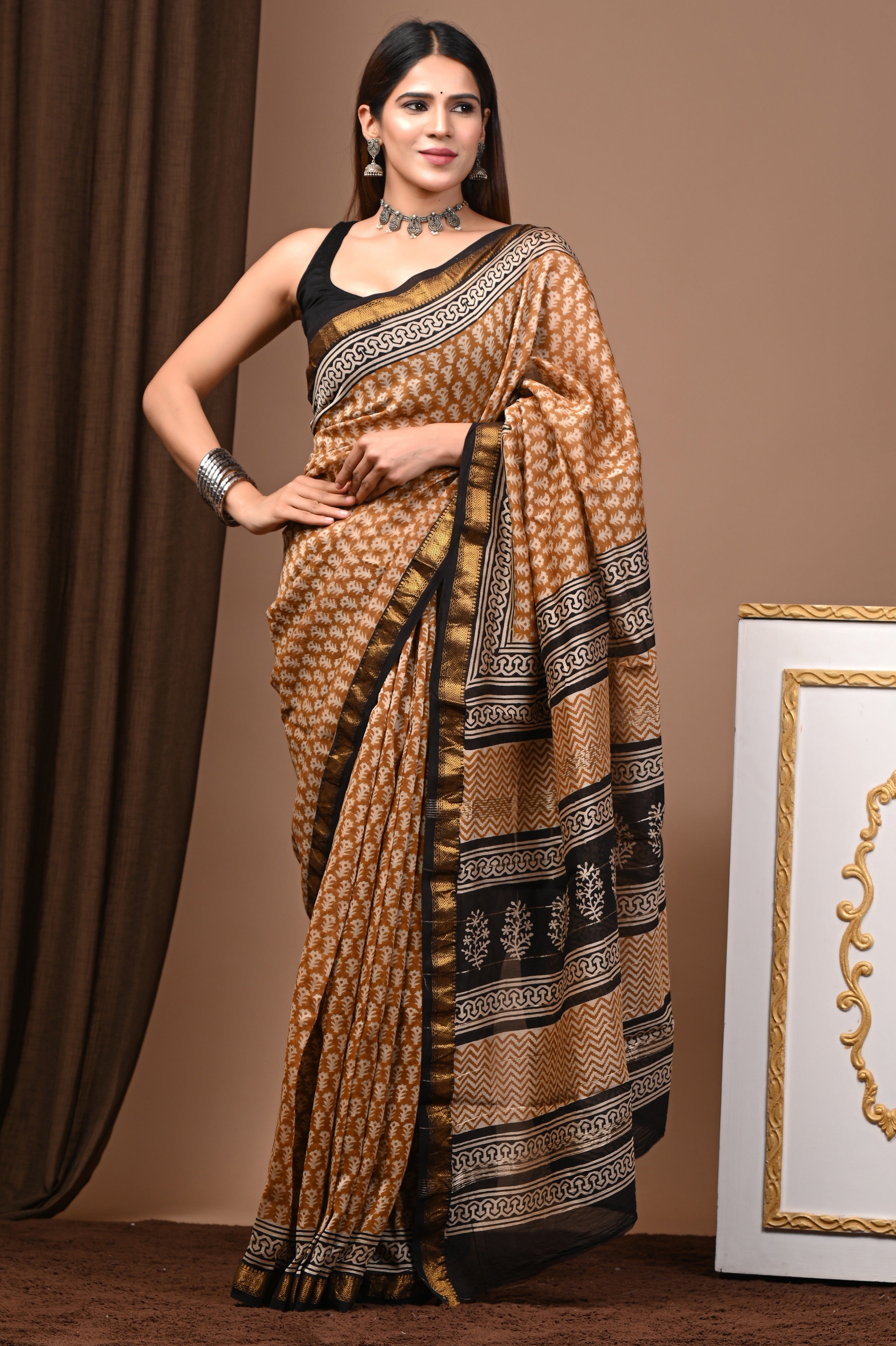 Mustard & Black Maheshwari Silk Saree