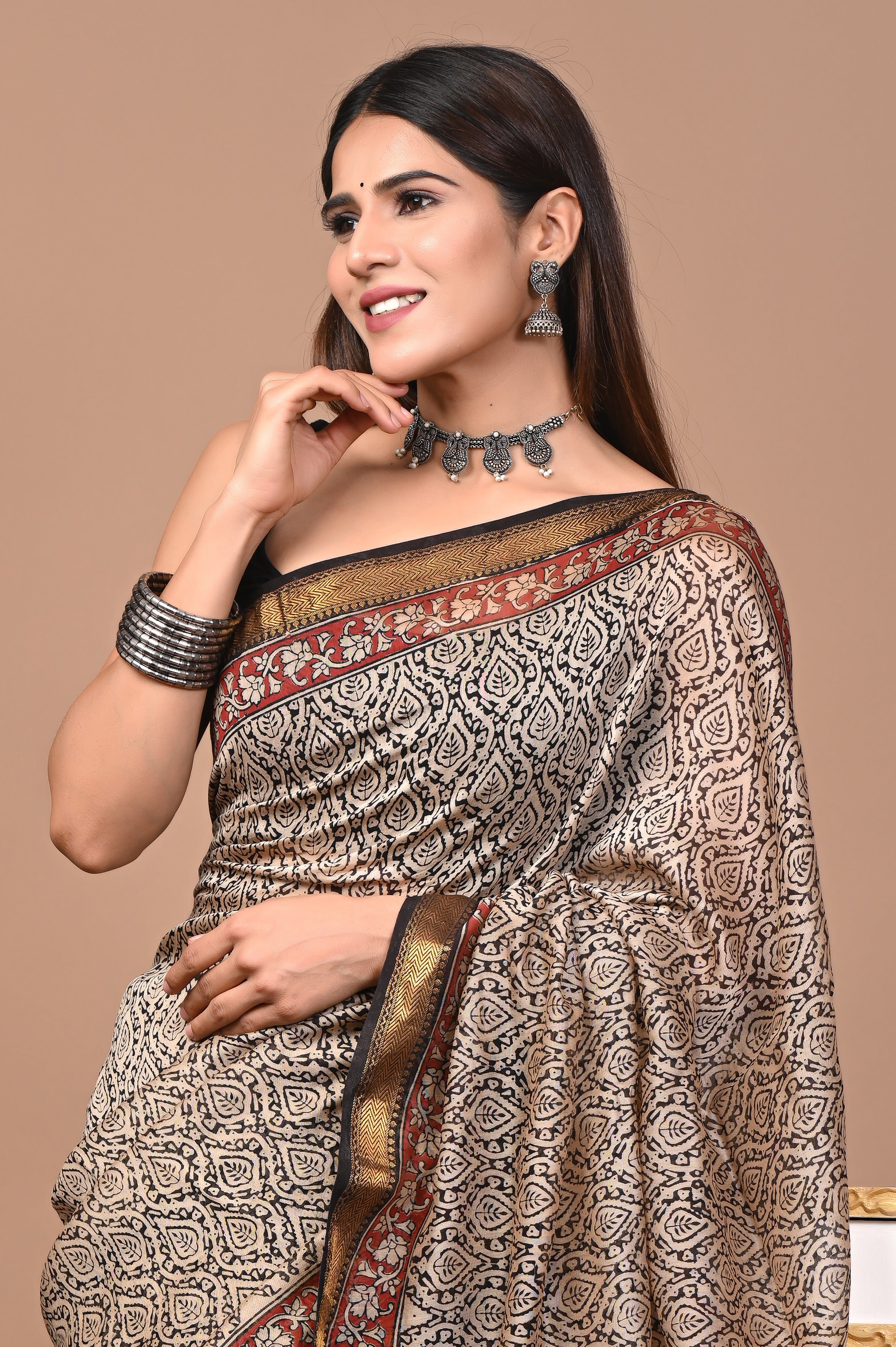 Beige & Maroon Maheshwari Silk Saree