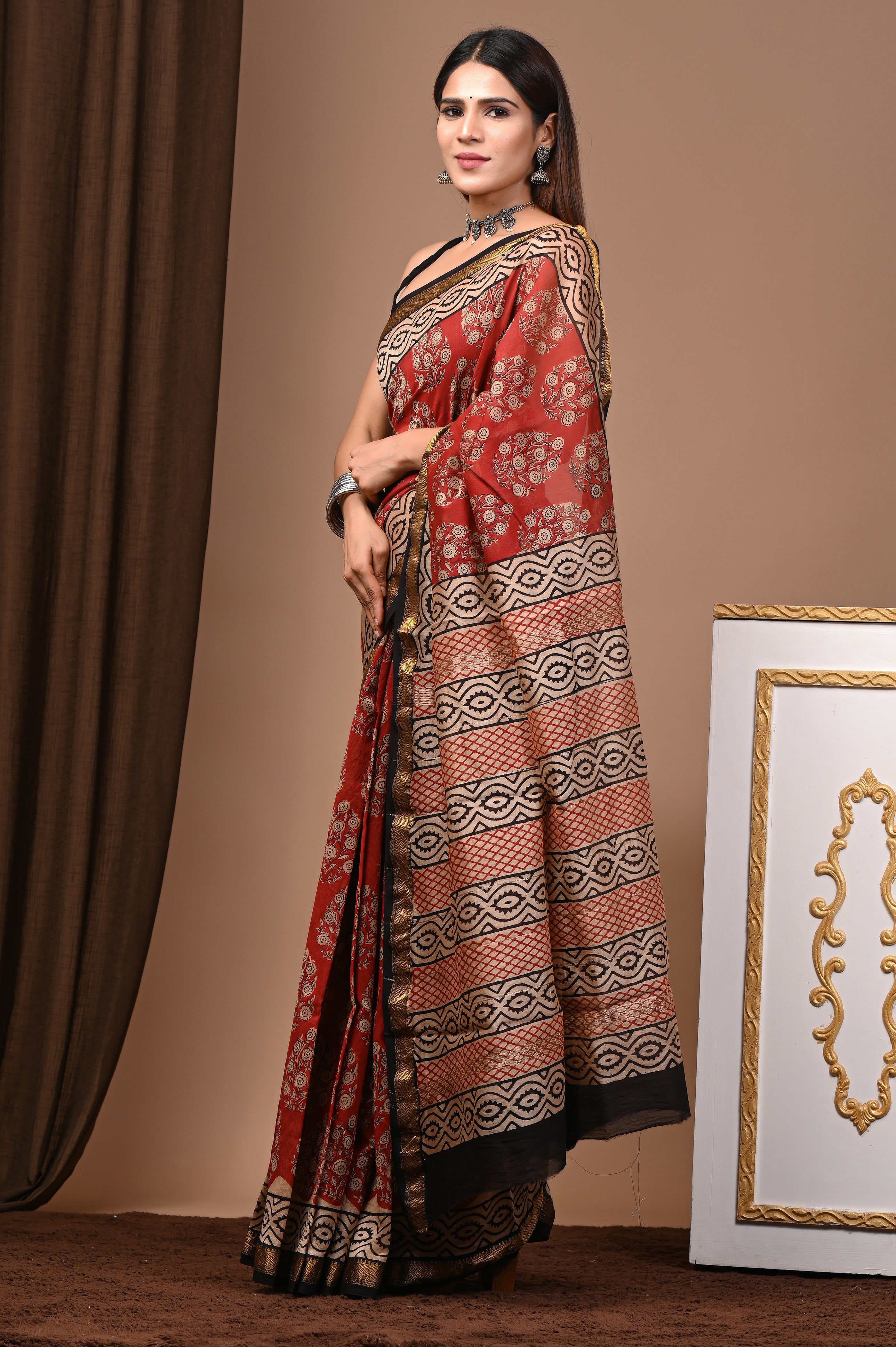 Rust Red & Beige Maheshwari Silk Saree