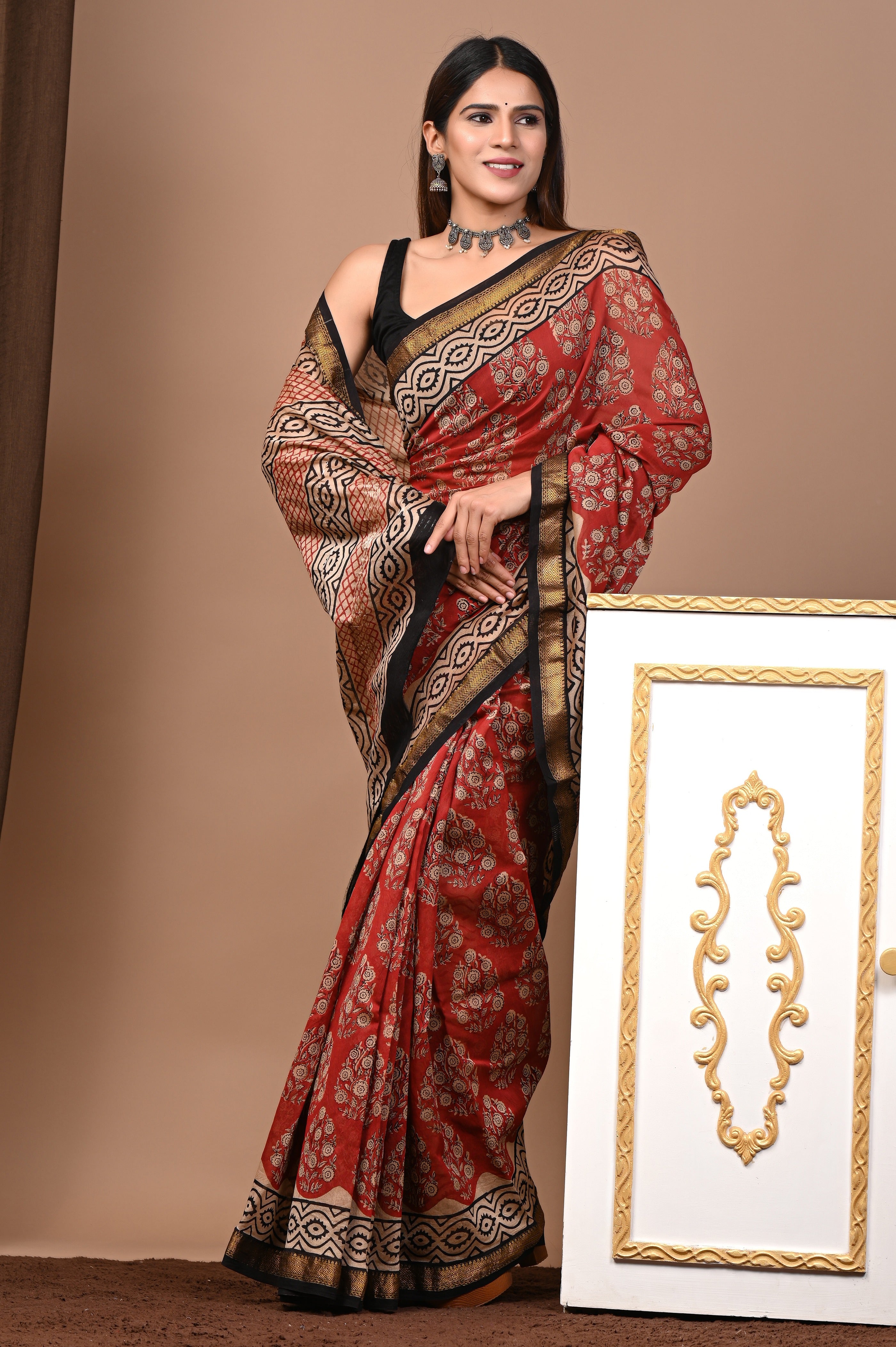 Rust Red & Beige Maheshwari Silk Saree