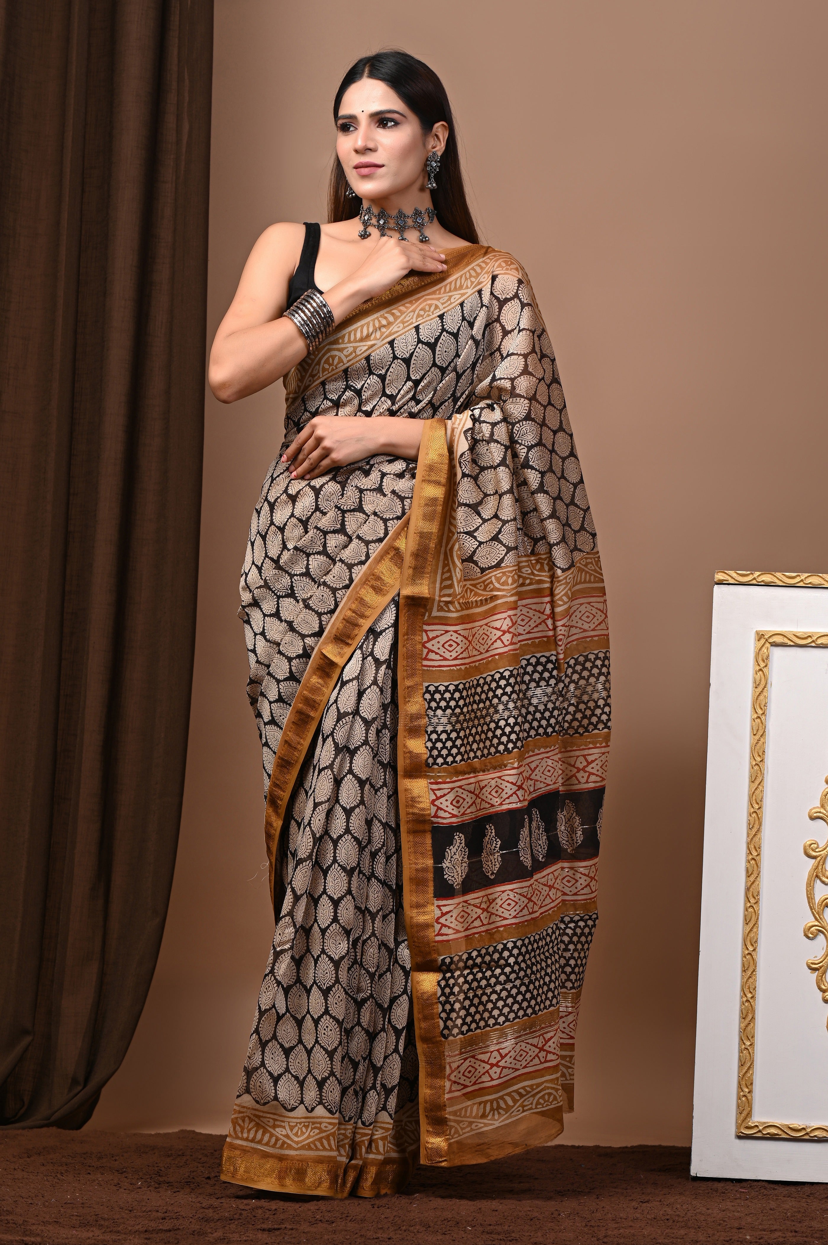 Mustard & Black Maheshwari Silk Saree