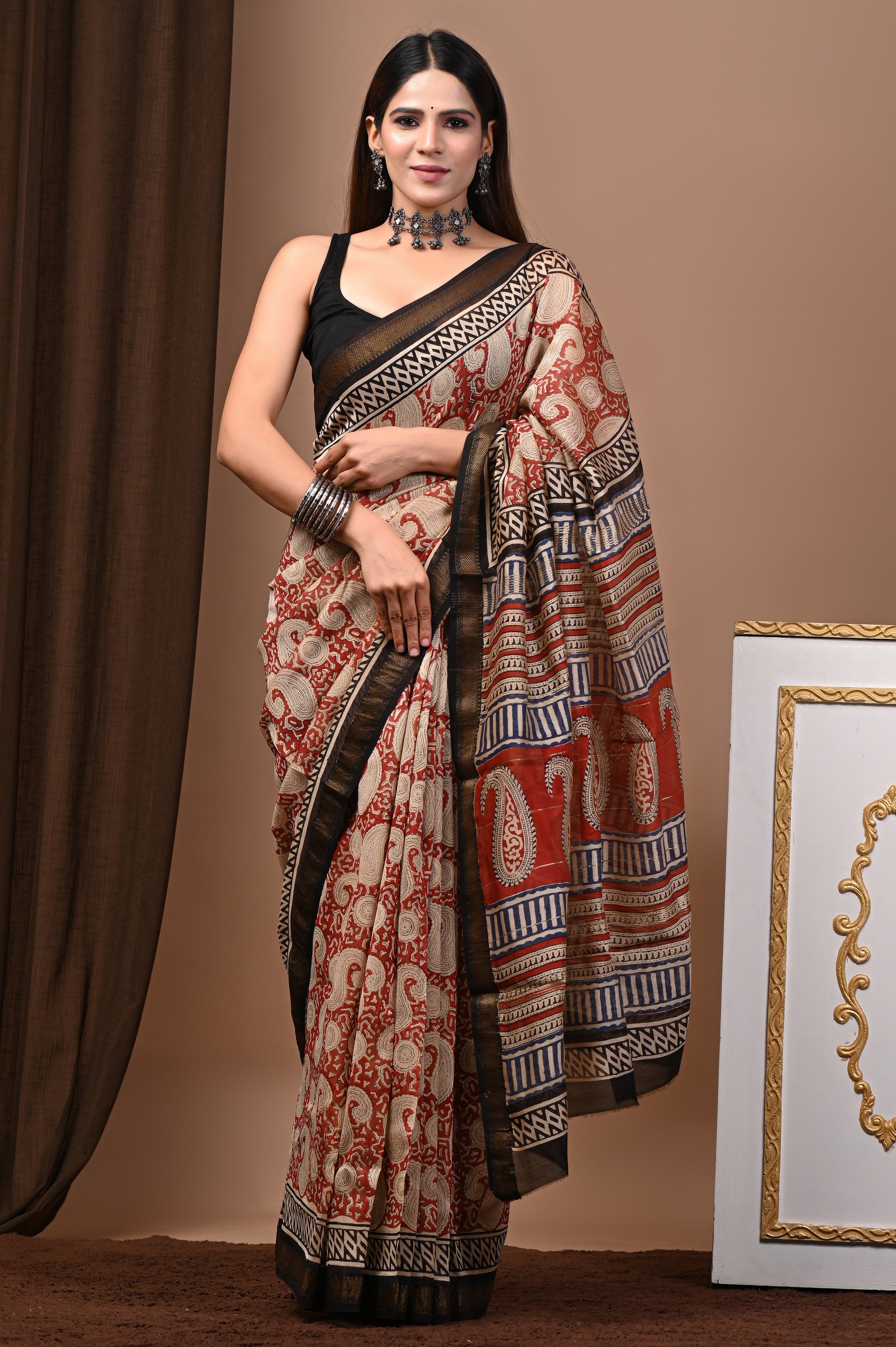 Rust Red & Beige Maheshwari Silk Saree