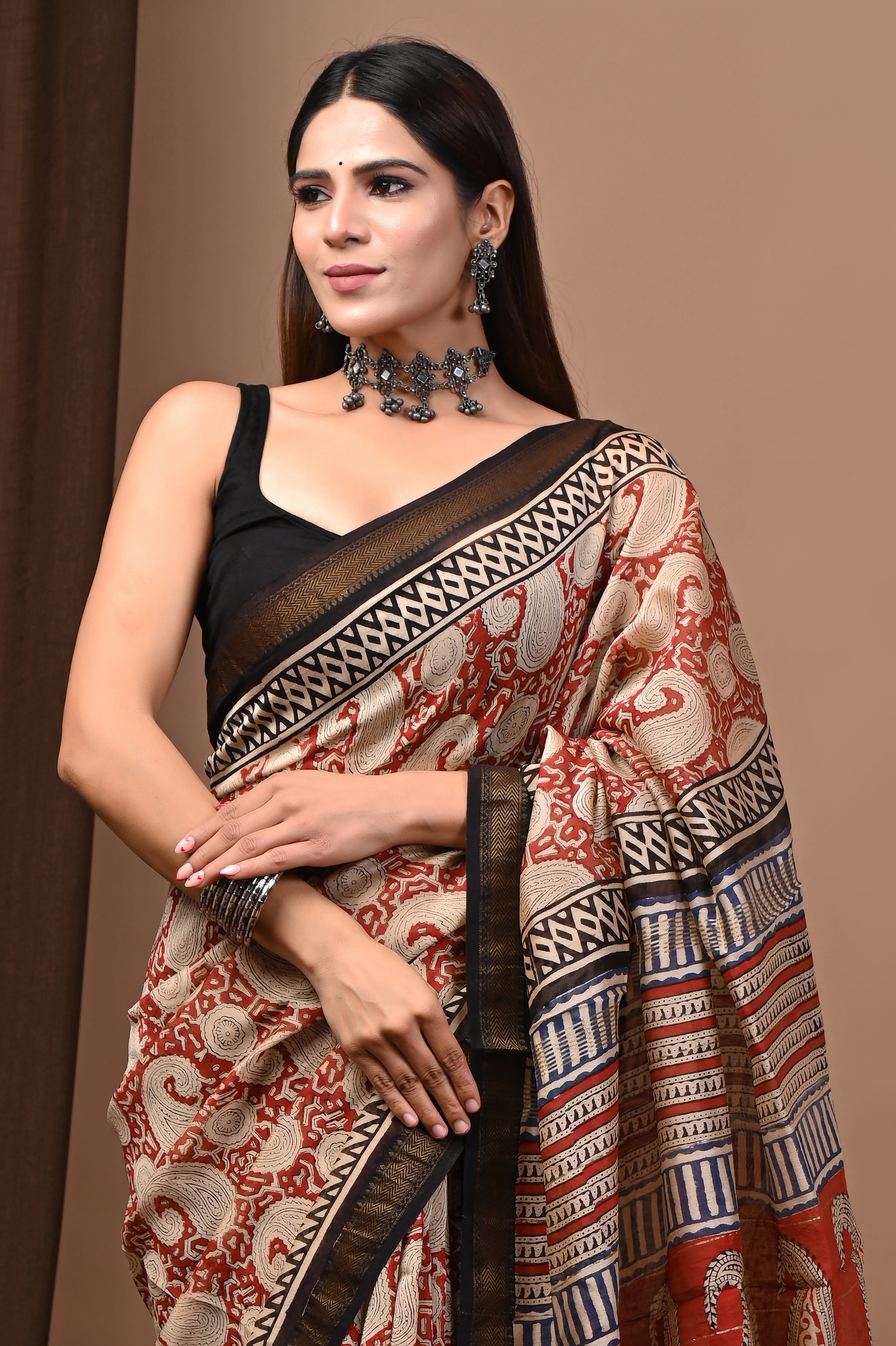 Rust Red & Beige Maheshwari Silk Saree