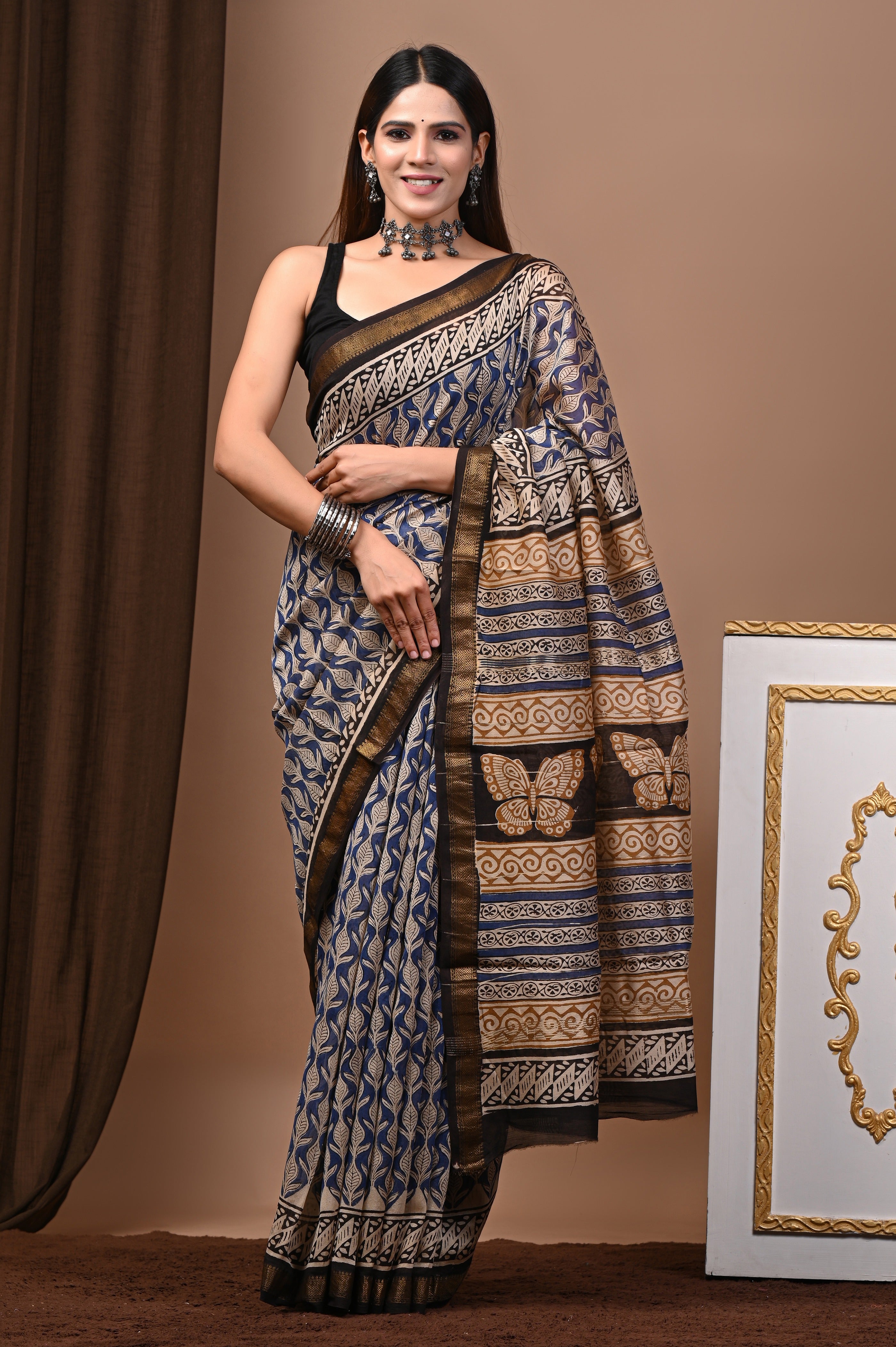 Navy Blue Beige Maheshwari Silk Saree