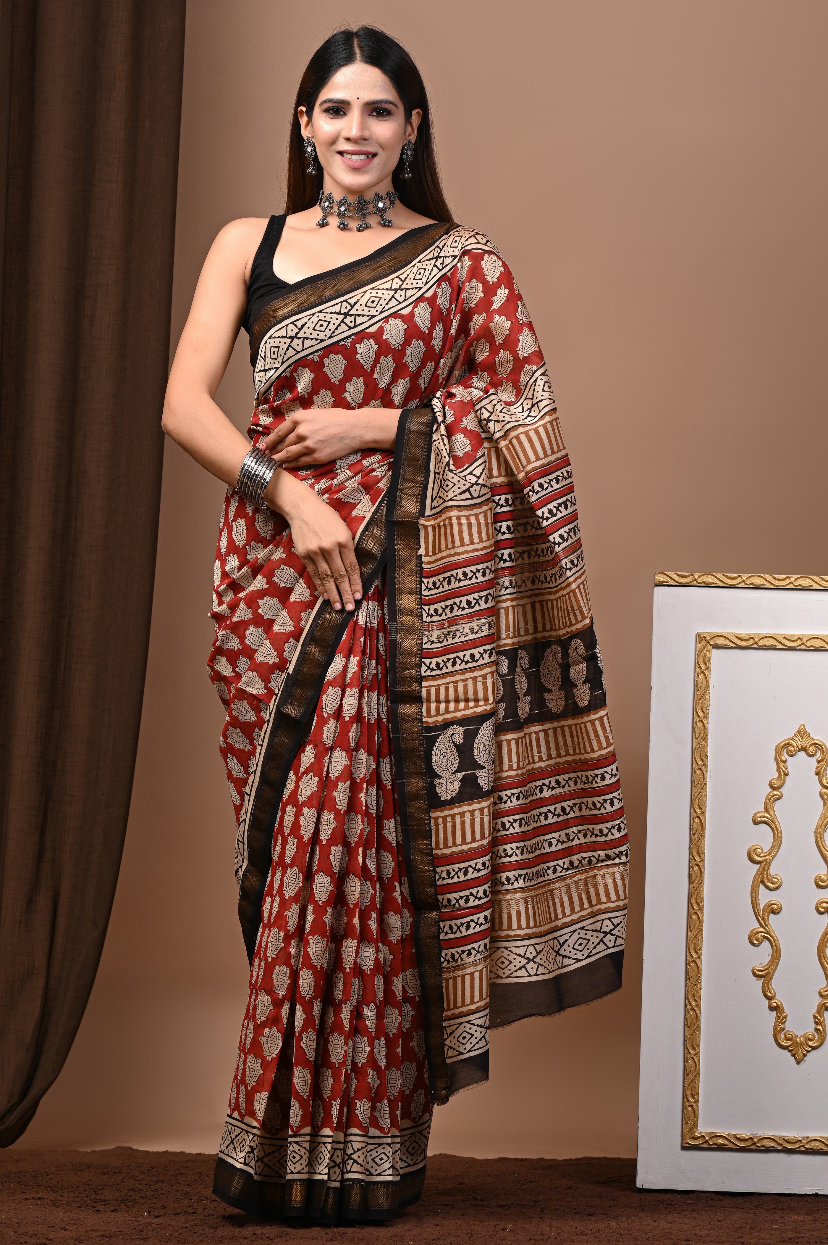 Brick Red Maheshwari Silk Saree