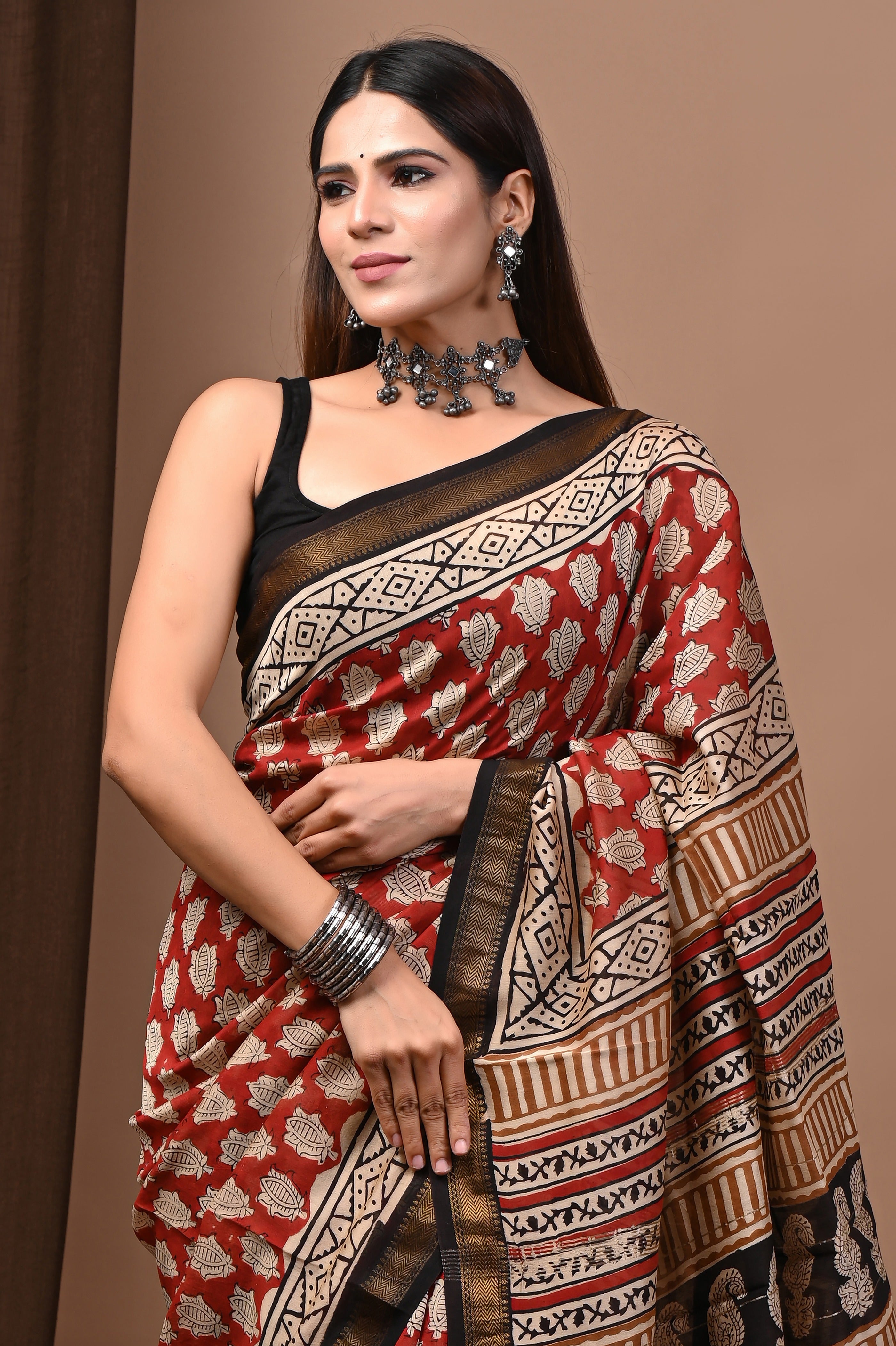Brick Red Maheshwari Silk Saree