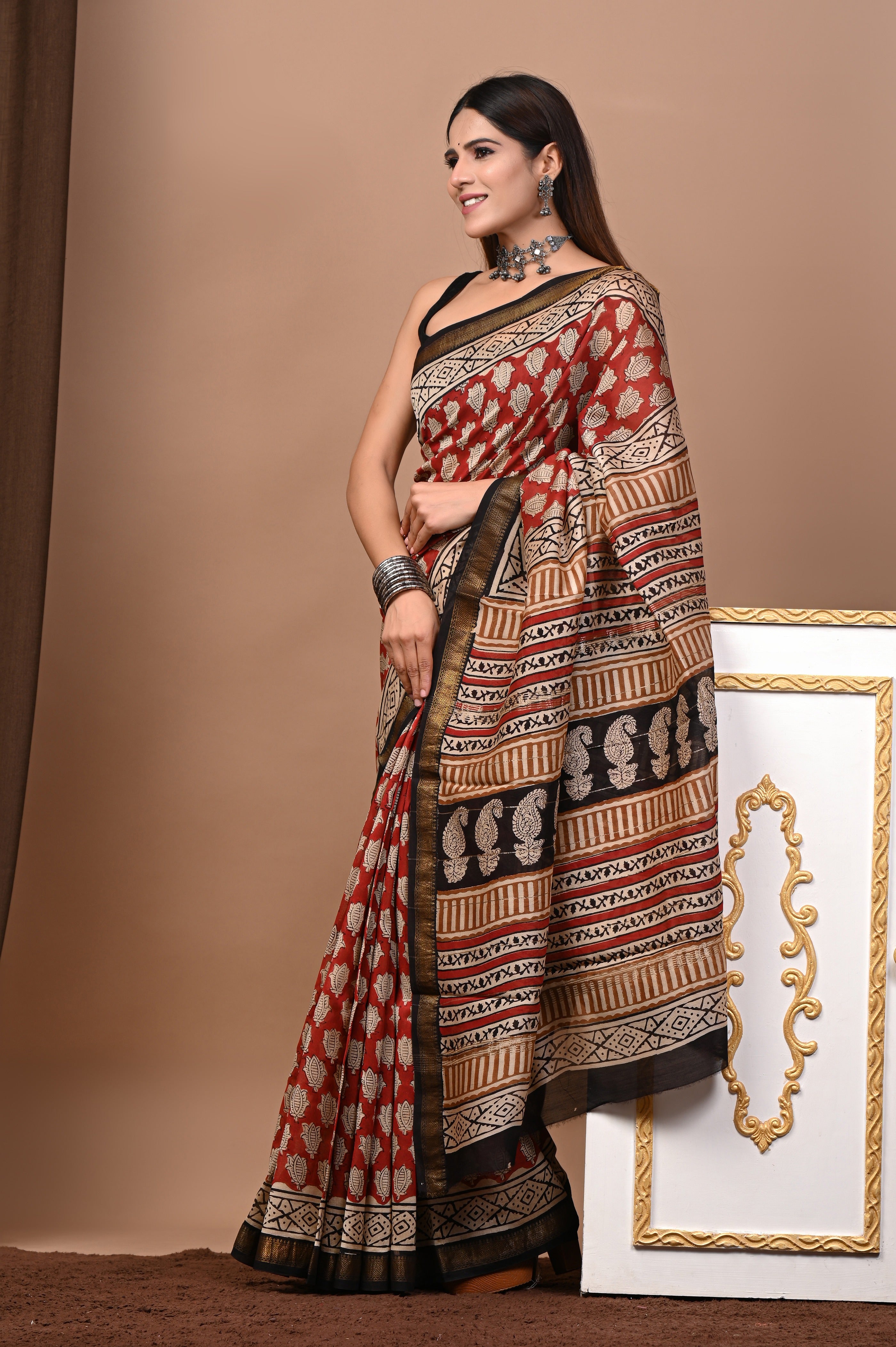 Brick Red Maheshwari Silk Saree