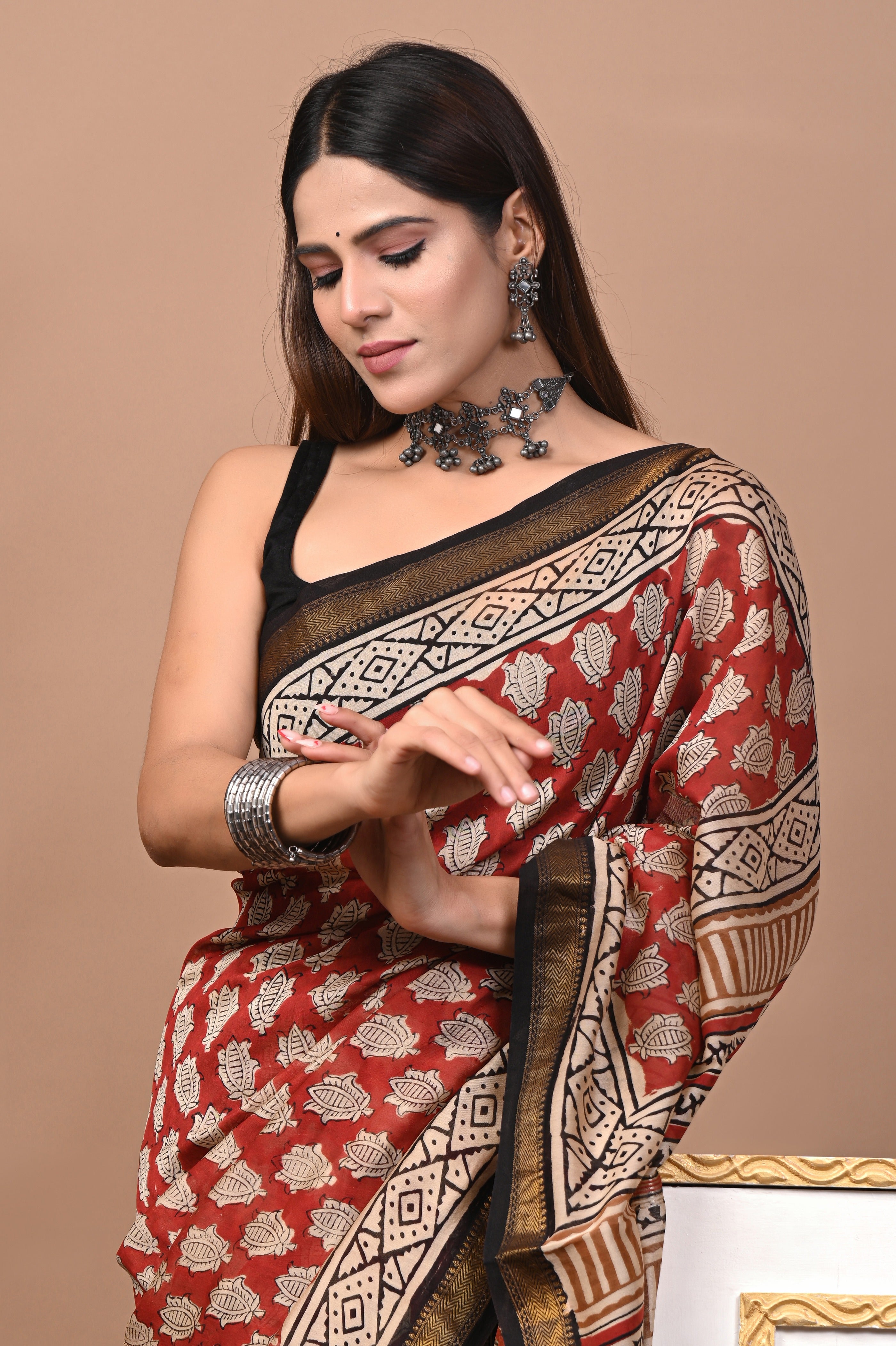 Brick Red Maheshwari Silk Saree