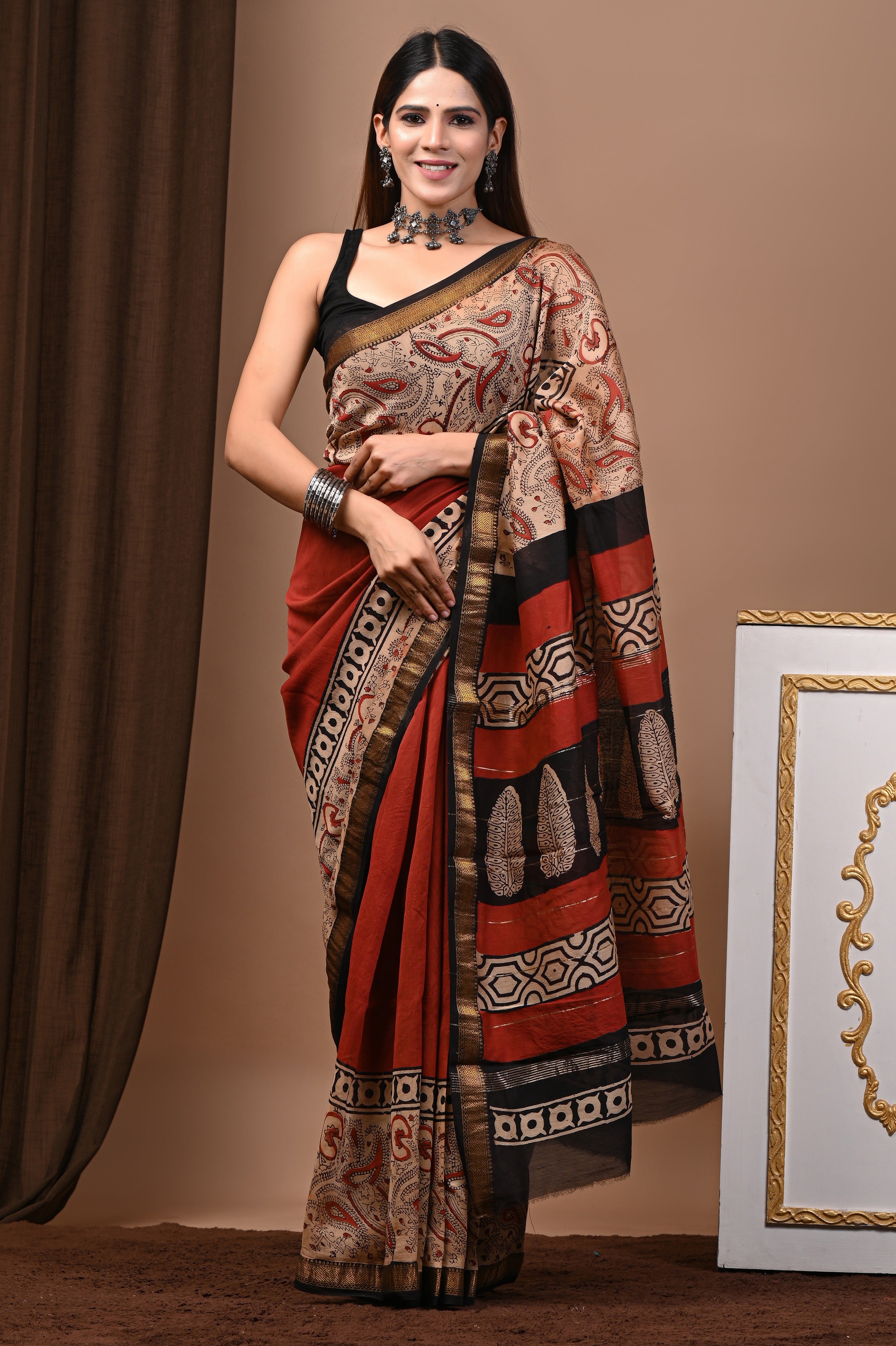 Rust Red Maheshwari Silk Saree