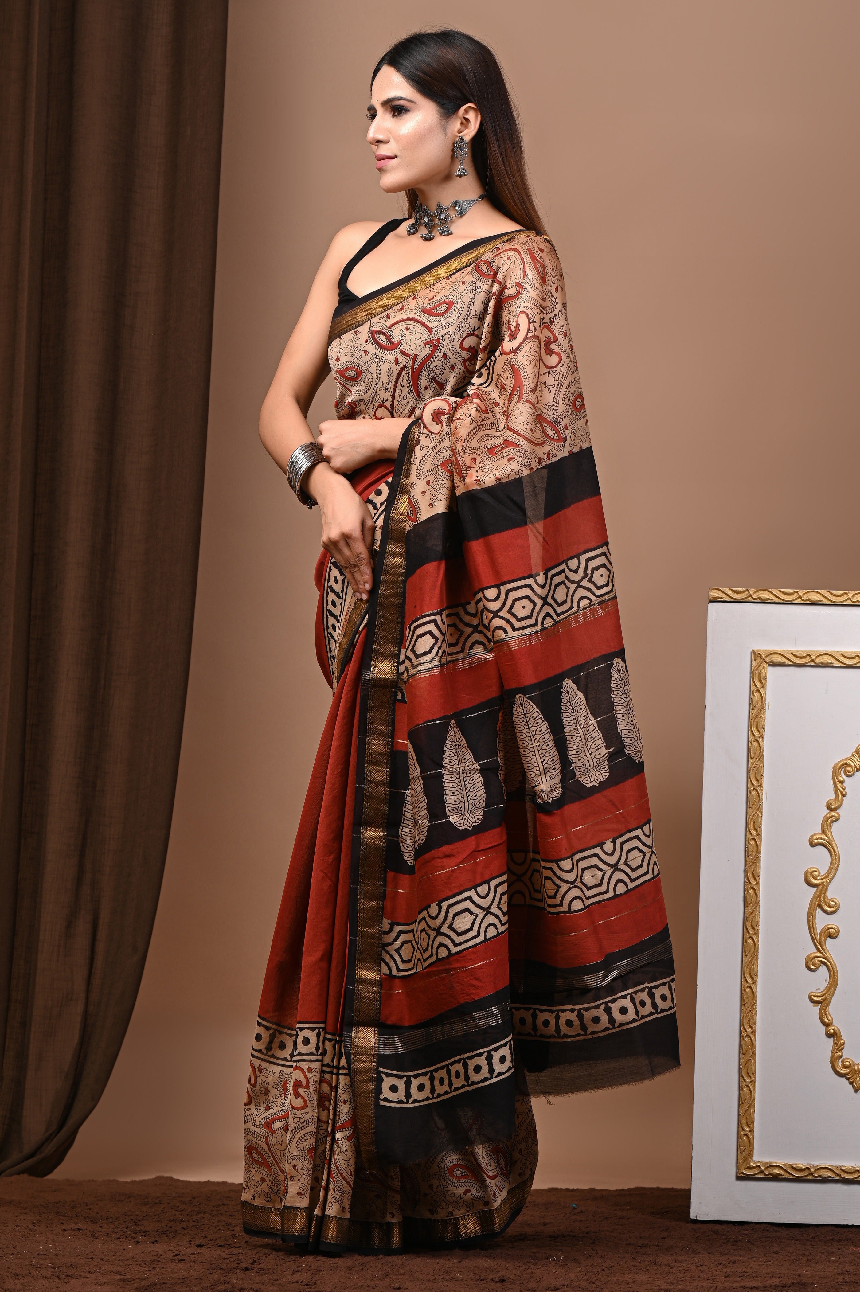 Rust Red Maheshwari Silk Saree