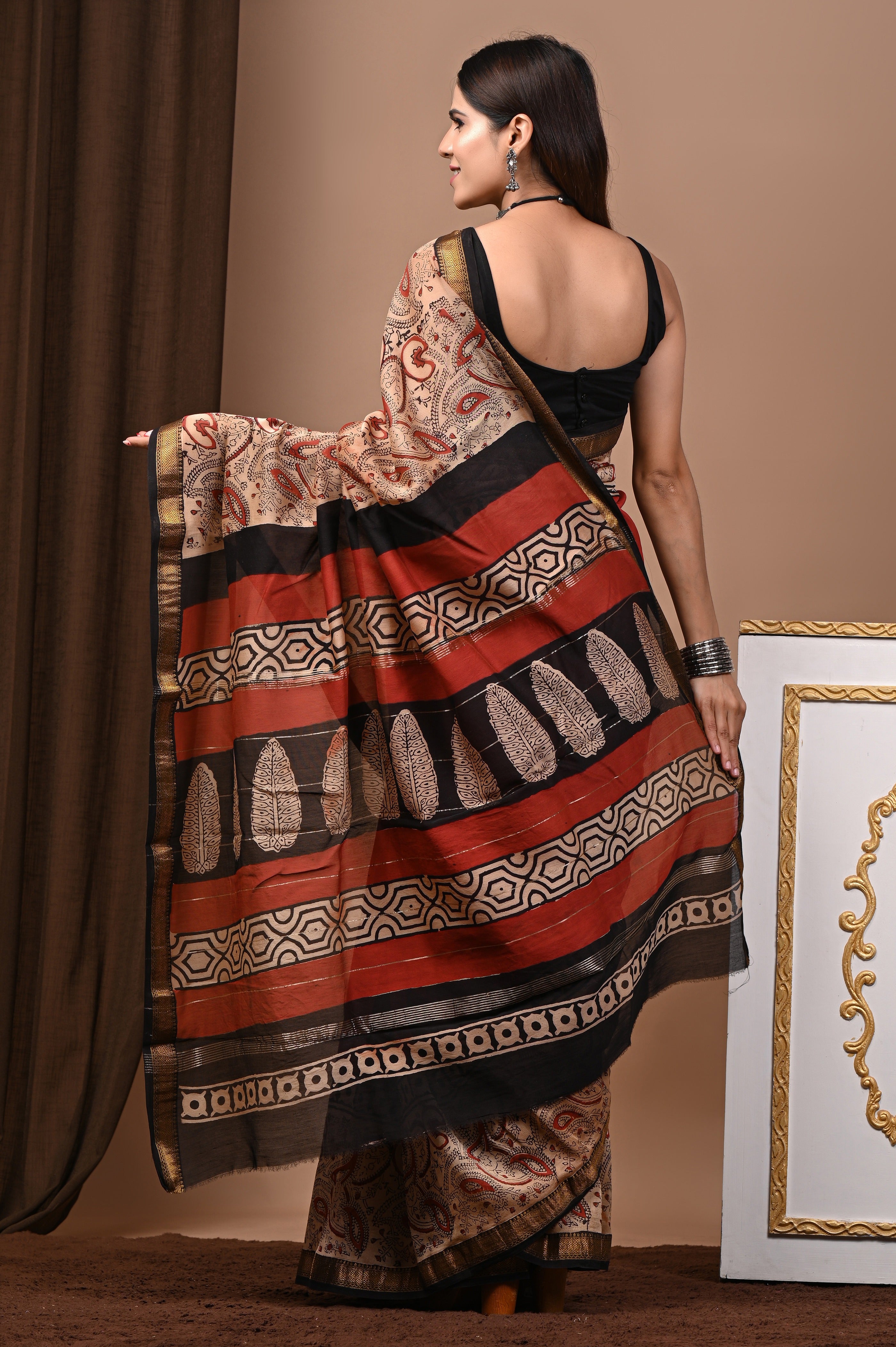 Rust Red Maheshwari Silk Saree