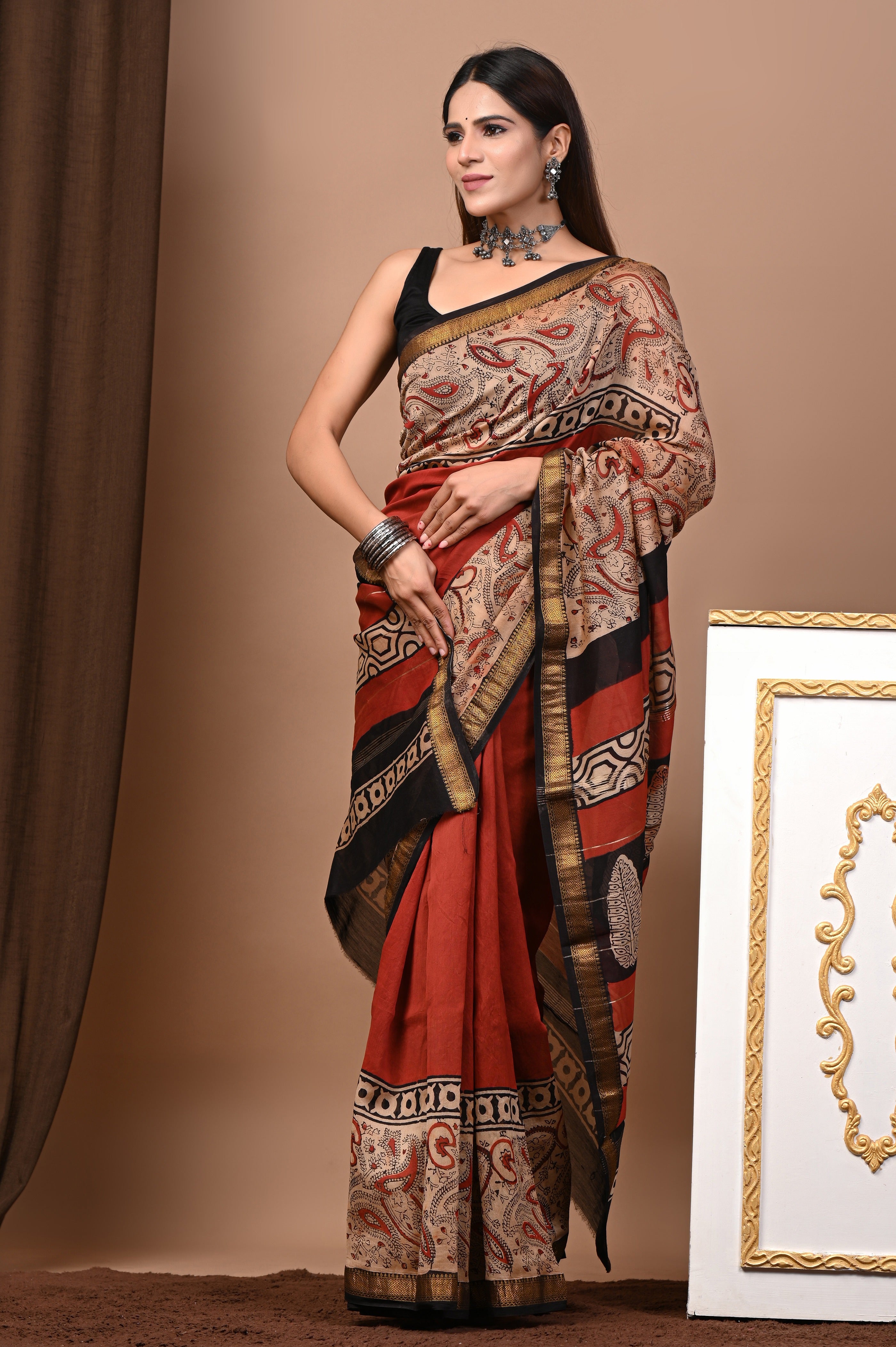 Rust Red Maheshwari Silk Saree