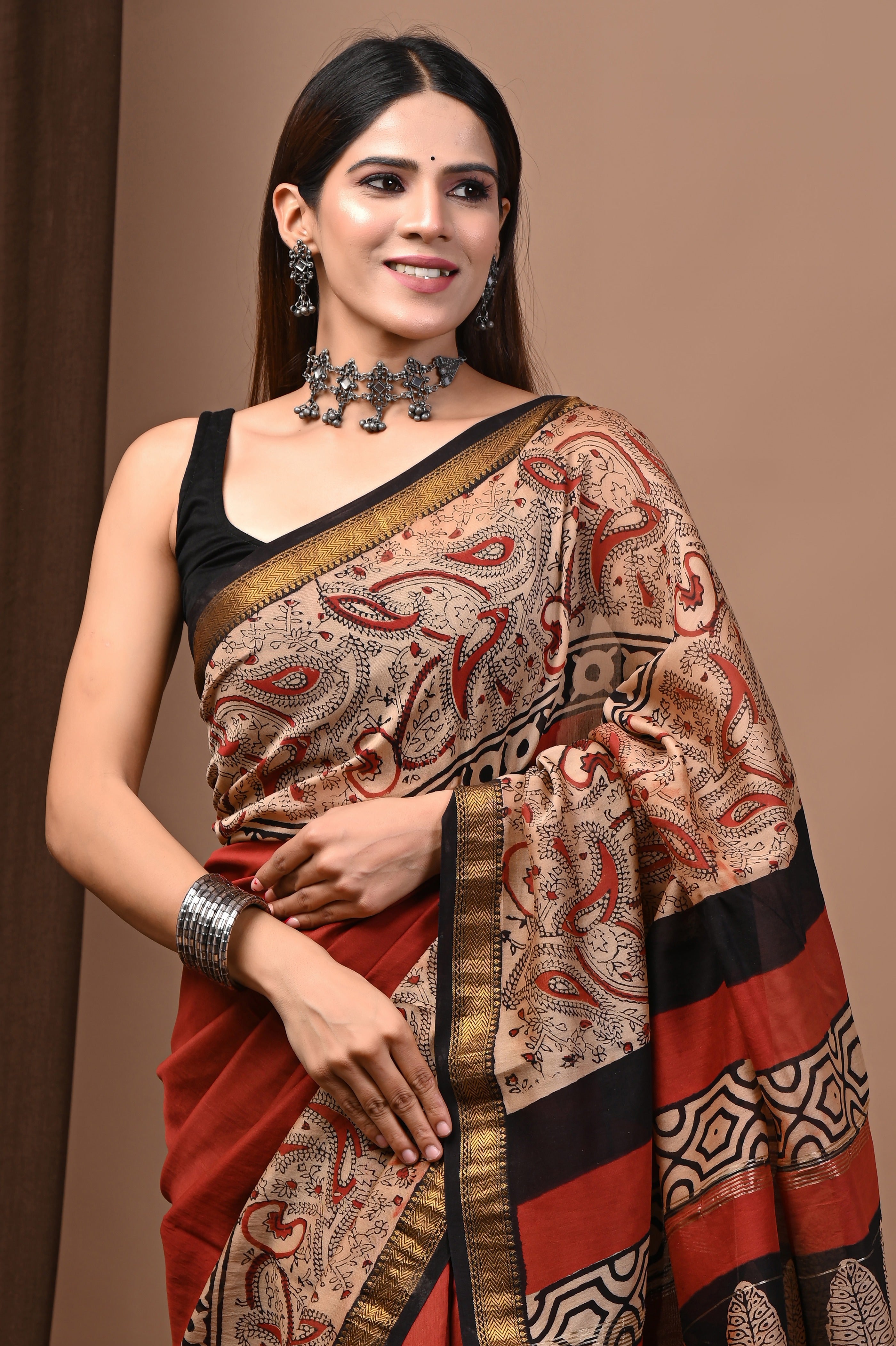 Rust Red Maheshwari Silk Saree